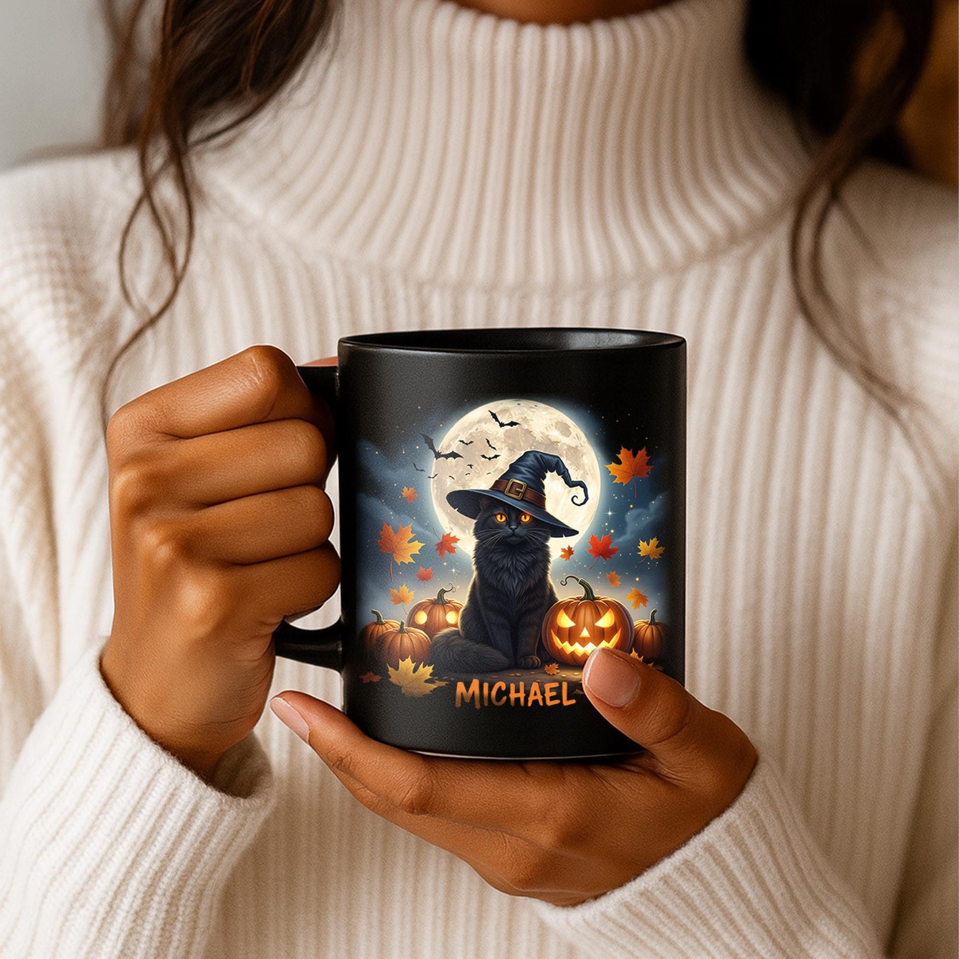 Personalized Halloween Cat Mug | Custom Name Coffee Cup with Black Cat, Pumpkins and Moon | Spooky Fall Gift for Cat Lovers