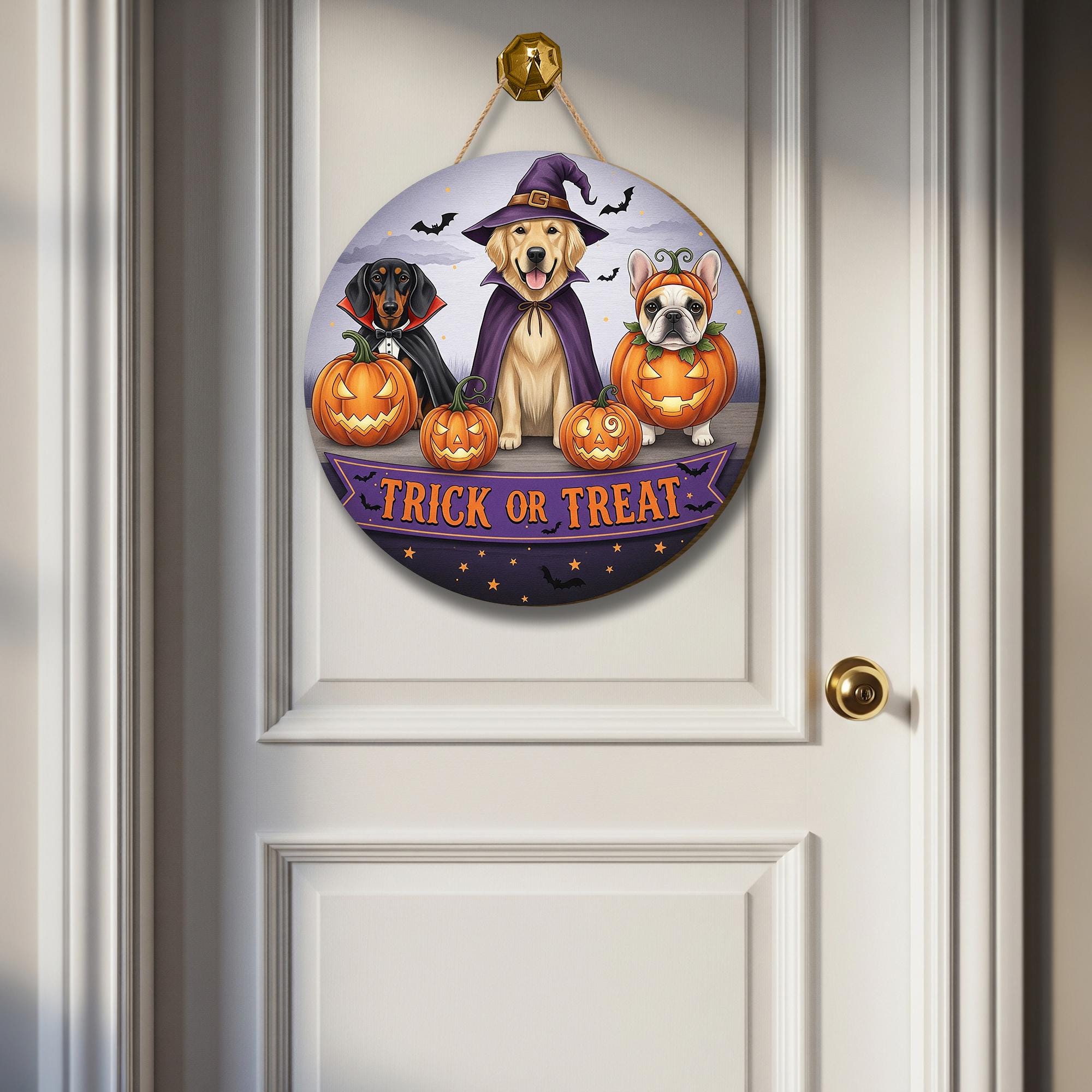 Personalized Halloween Dog Door Hanger | Trick or Treat Pumpkin Front Door Sign | Spooky Fall Porch Decoration | Custom Pet Decor
