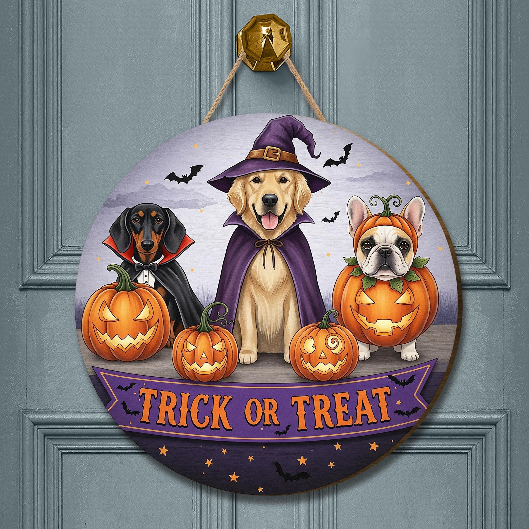Personalized Halloween Dog Door Hanger | Trick or Treat Pumpkin Front Door Sign | Spooky Fall Porch Decoration | Custom Pet Decor