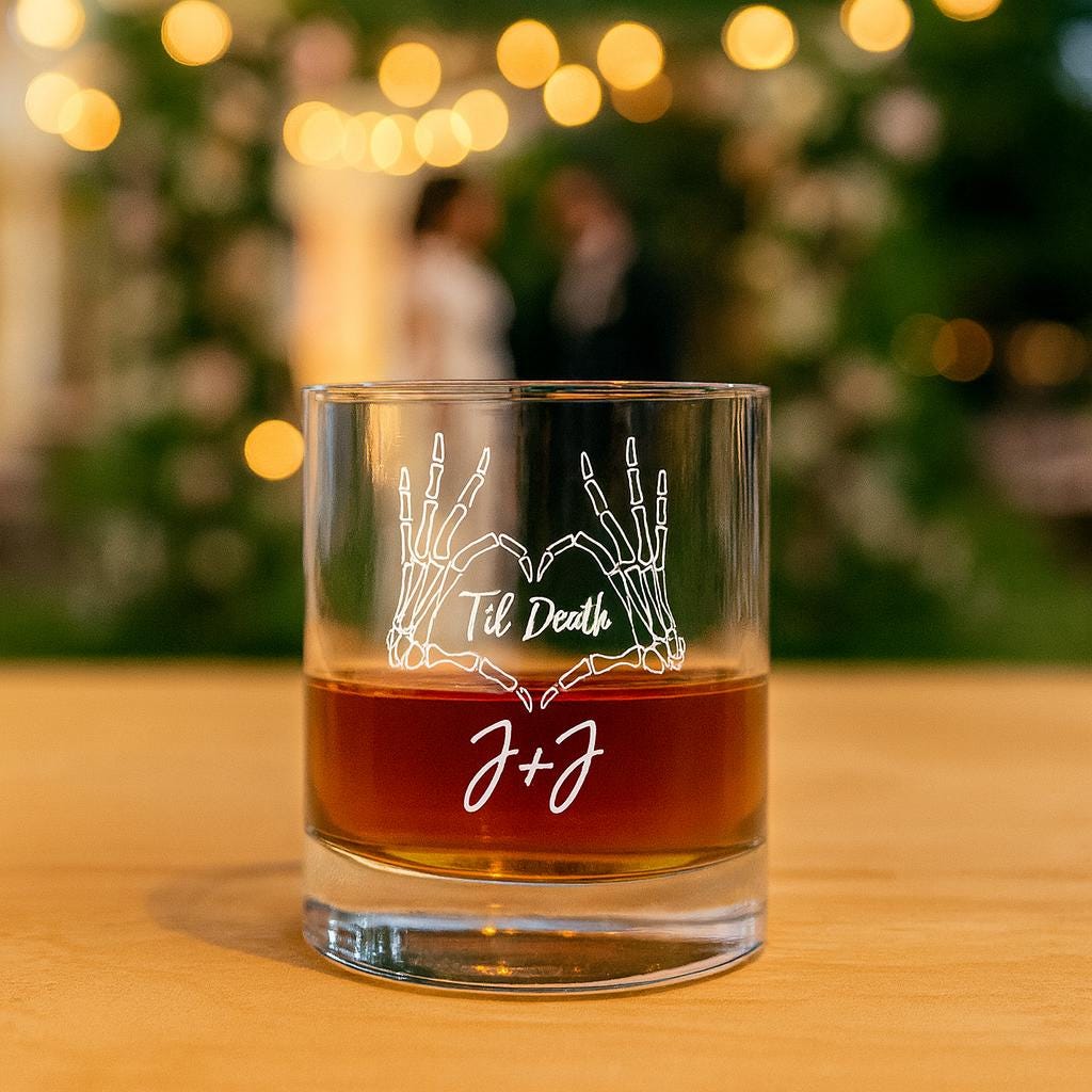 Custom Gothic Wedding Wine Glass – Personalized Til Death Skeleton Hands Glass, Alternative Bride & Groom Gift