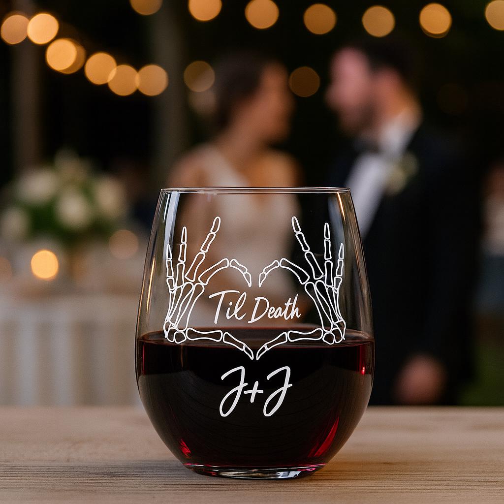 Custom Gothic Wedding Wine Glass – Personalized Til Death Skeleton Hands Glass, Alternative Bride & Groom Gift