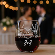 Custom Gothic Wedding Wine Glass – Personalized Til Death Skeleton Hands Glass, Alternative Bride & Groom Gift