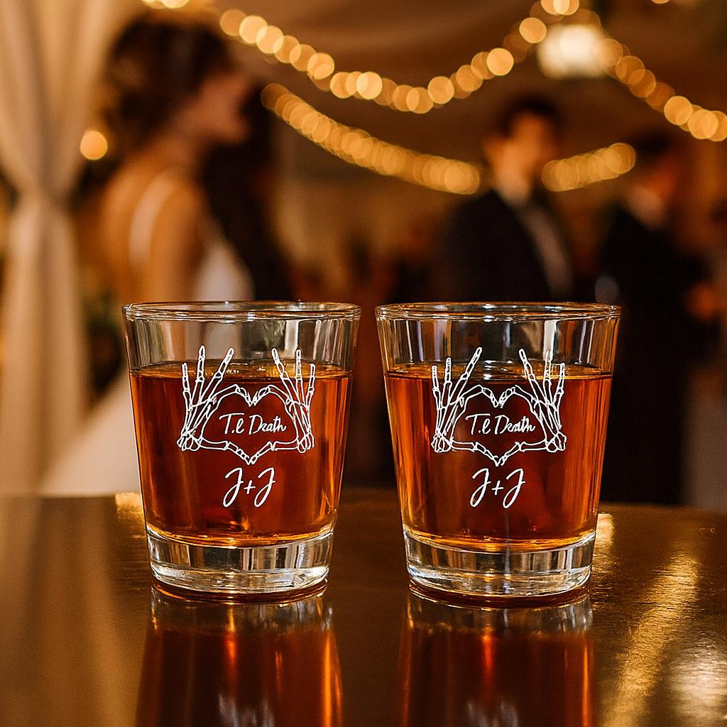 Custom Gothic Wedding Wine Glass – Personalized Til Death Skeleton Hands Glass, Alternative Bride & Groom Gift