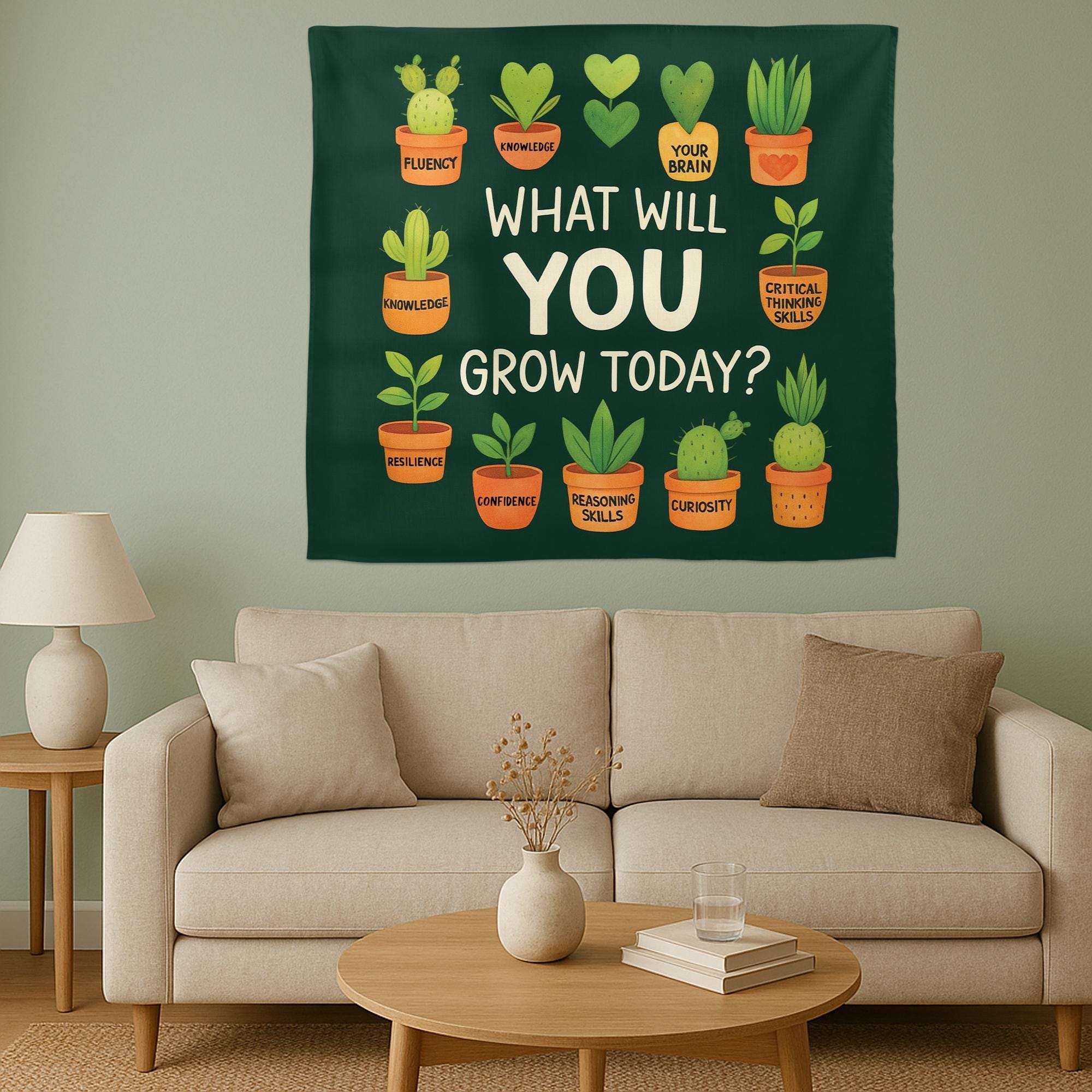 What Will You Grow Today Tapestry – Growth Mindset Classroom Wall Decor, Inspirational Plant Quote Hanging, Teacher Office Art