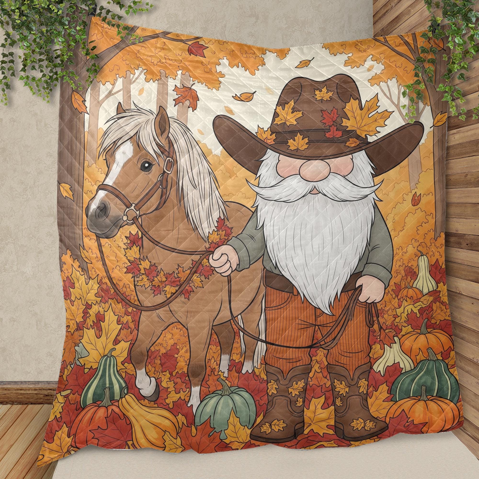 Fall Gnome Blanket: Autumn Leaves Quilted Throw, Farmhouse Horse Decor