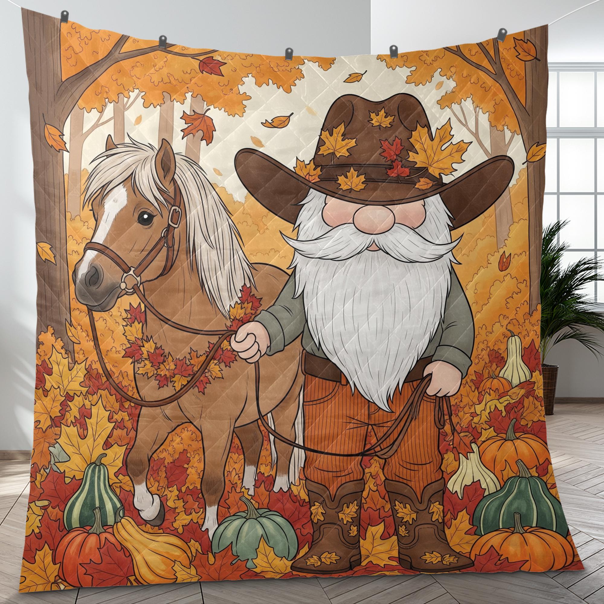 Fall Gnome Blanket: Autumn Leaves Quilted Throw, Farmhouse Horse Decor