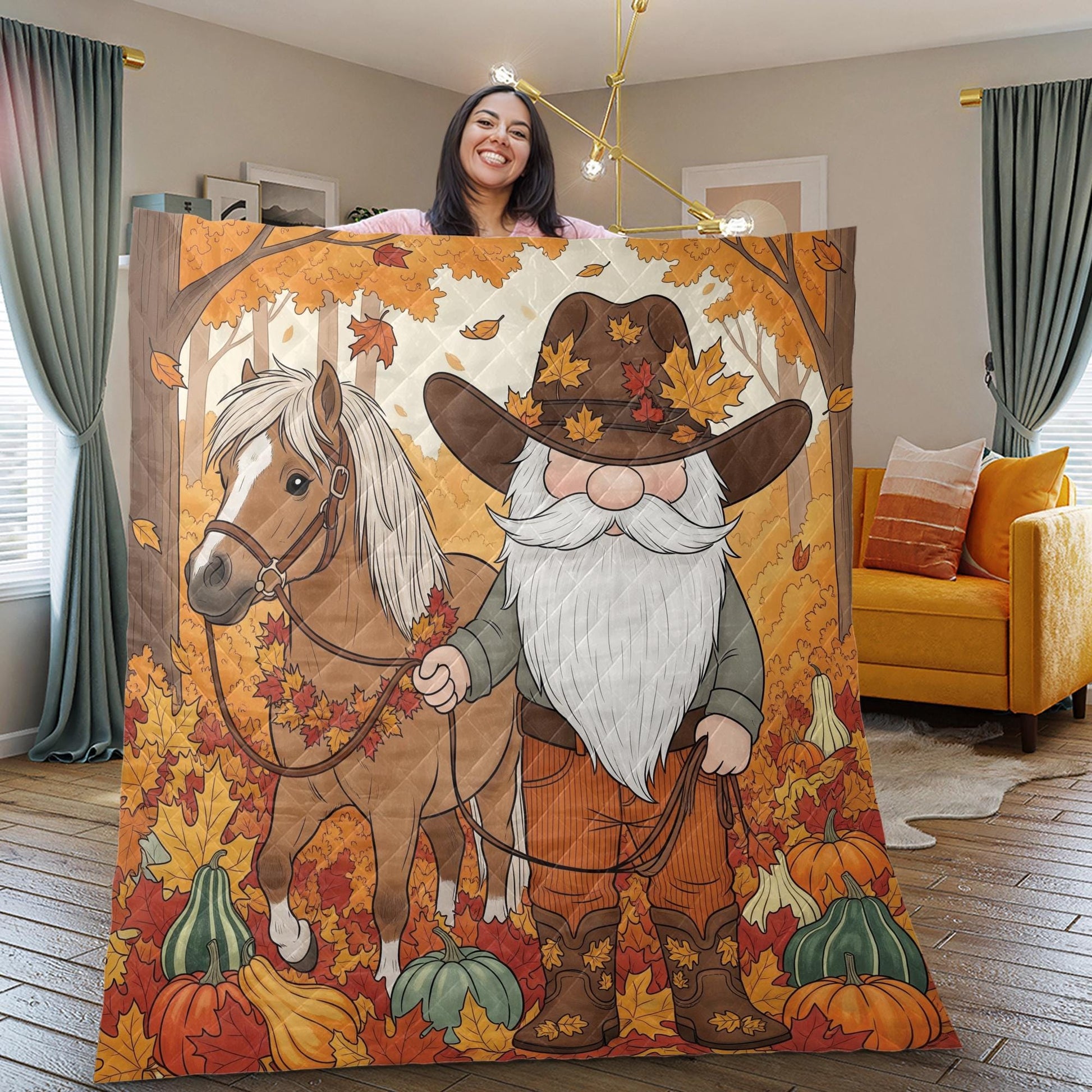 Fall Gnome Blanket: Autumn Leaves Quilted Throw, Farmhouse Horse Decor