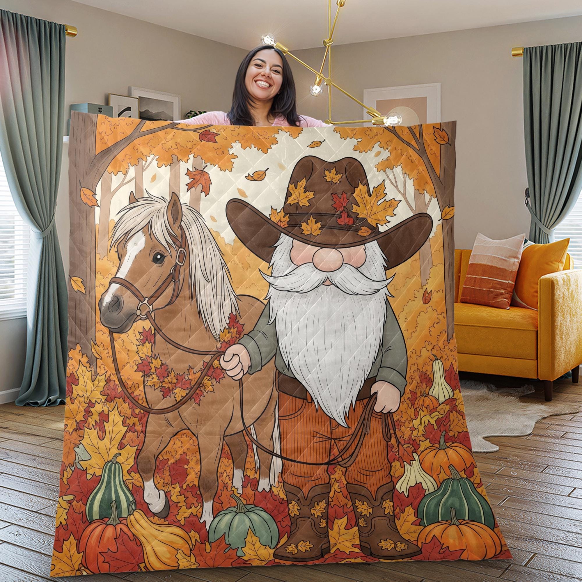 Fall Gnome Blanket: Autumn Leaves Quilted Throw, Farmhouse Horse Decor