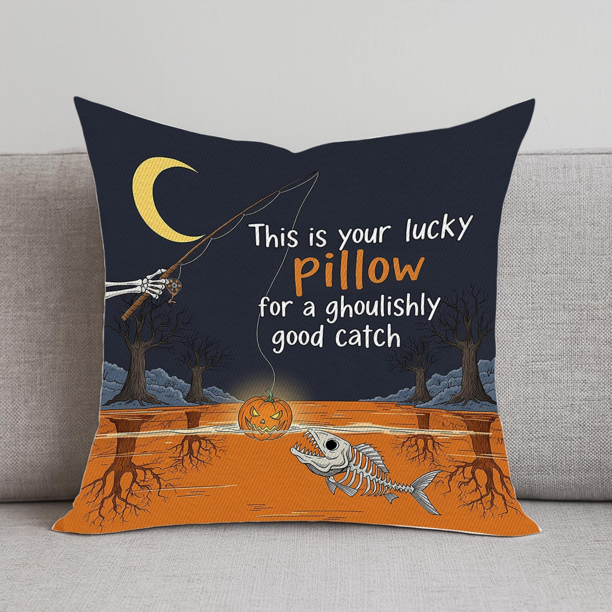 Halloween Fishing Pillow Cover | Spooky Pumpkin Skeleton Fish Cushion | Funny Ghoulish Fall Decor | Haunted House Throw Pillow