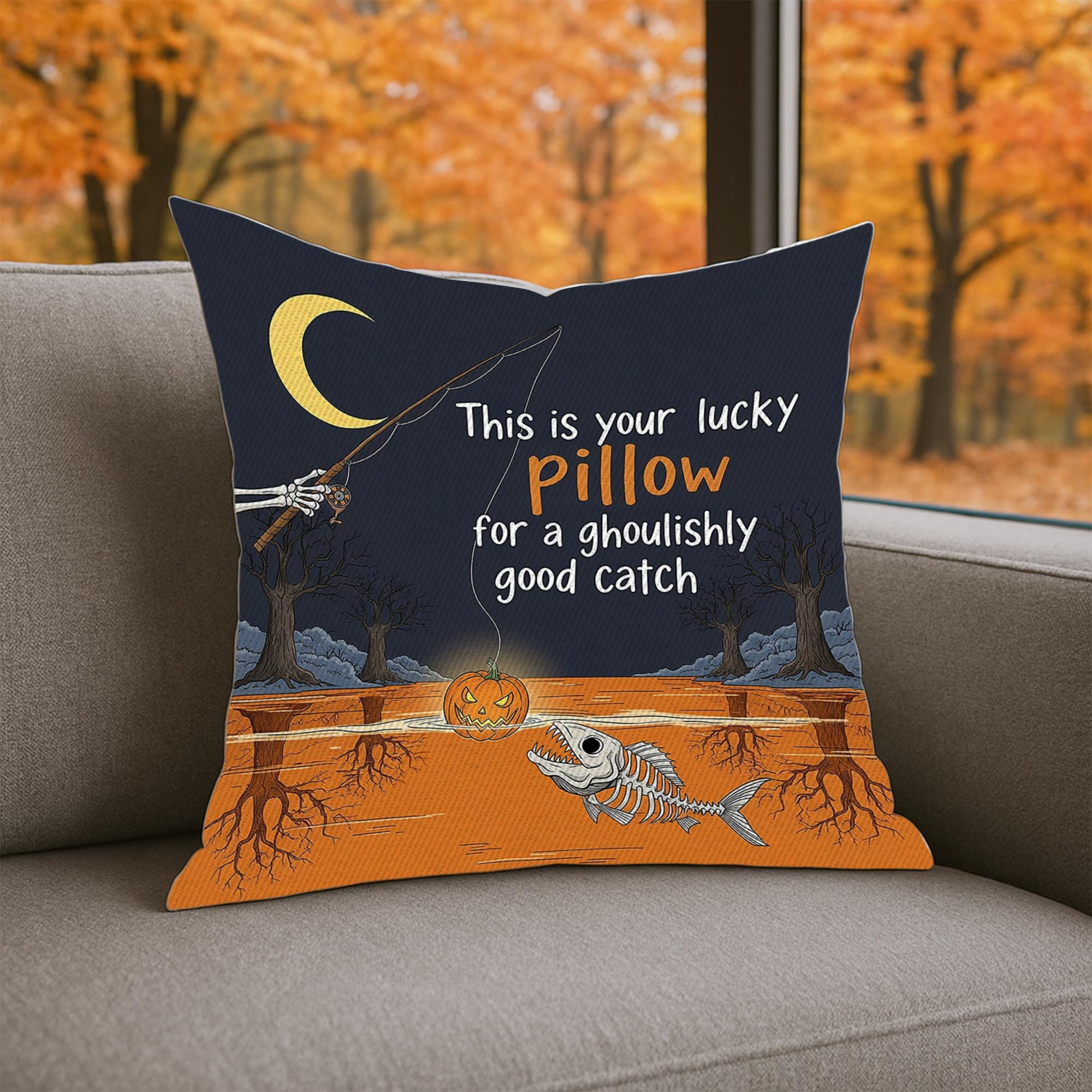 Halloween Fishing Pillow Cover | Spooky Pumpkin Skeleton Fish Cushion | Funny Ghoulish Fall Decor | Haunted House Throw Pillow
