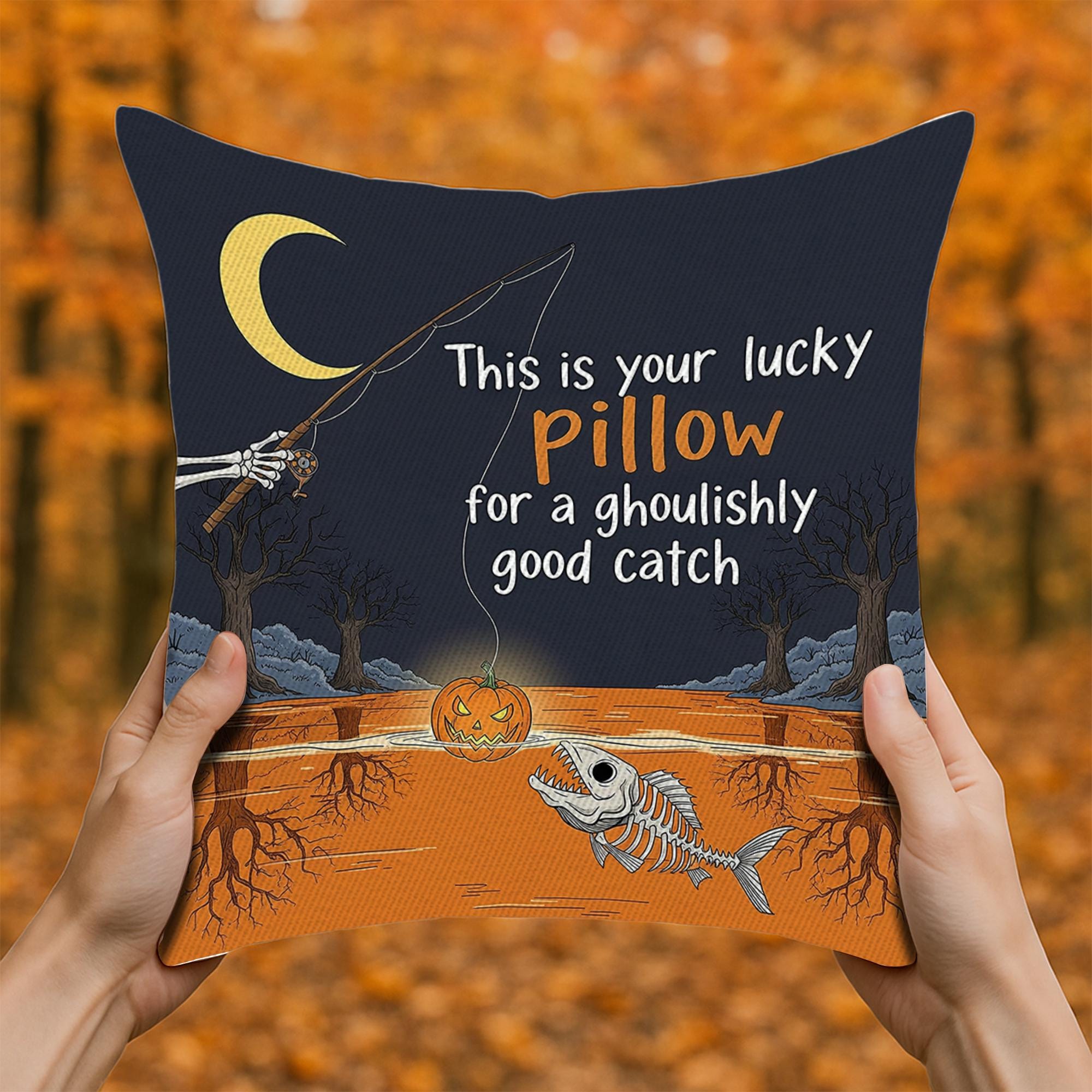 Halloween Fishing Pillow Cover | Spooky Pumpkin Skeleton Fish Cushion | Funny Ghoulish Fall Decor | Haunted House Throw Pillow