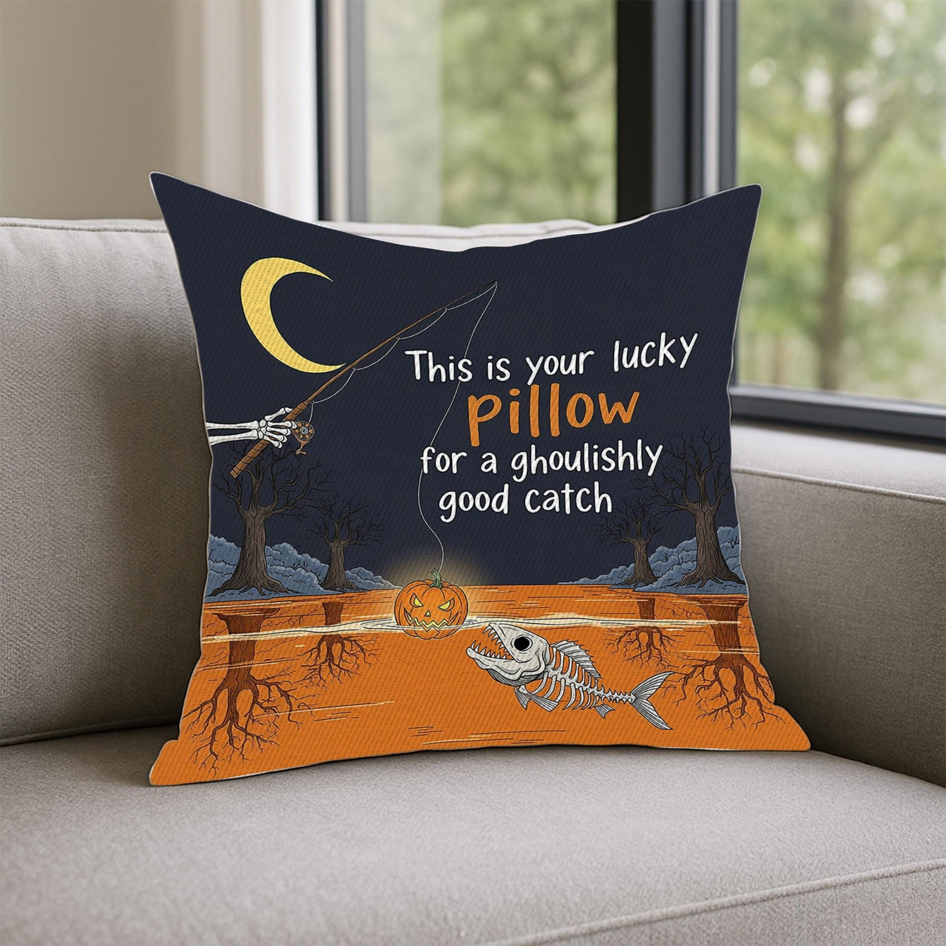 Halloween Fishing Pillow Cover | Spooky Pumpkin Skeleton Fish Cushion | Funny Ghoulish Fall Decor | Haunted House Throw Pillow