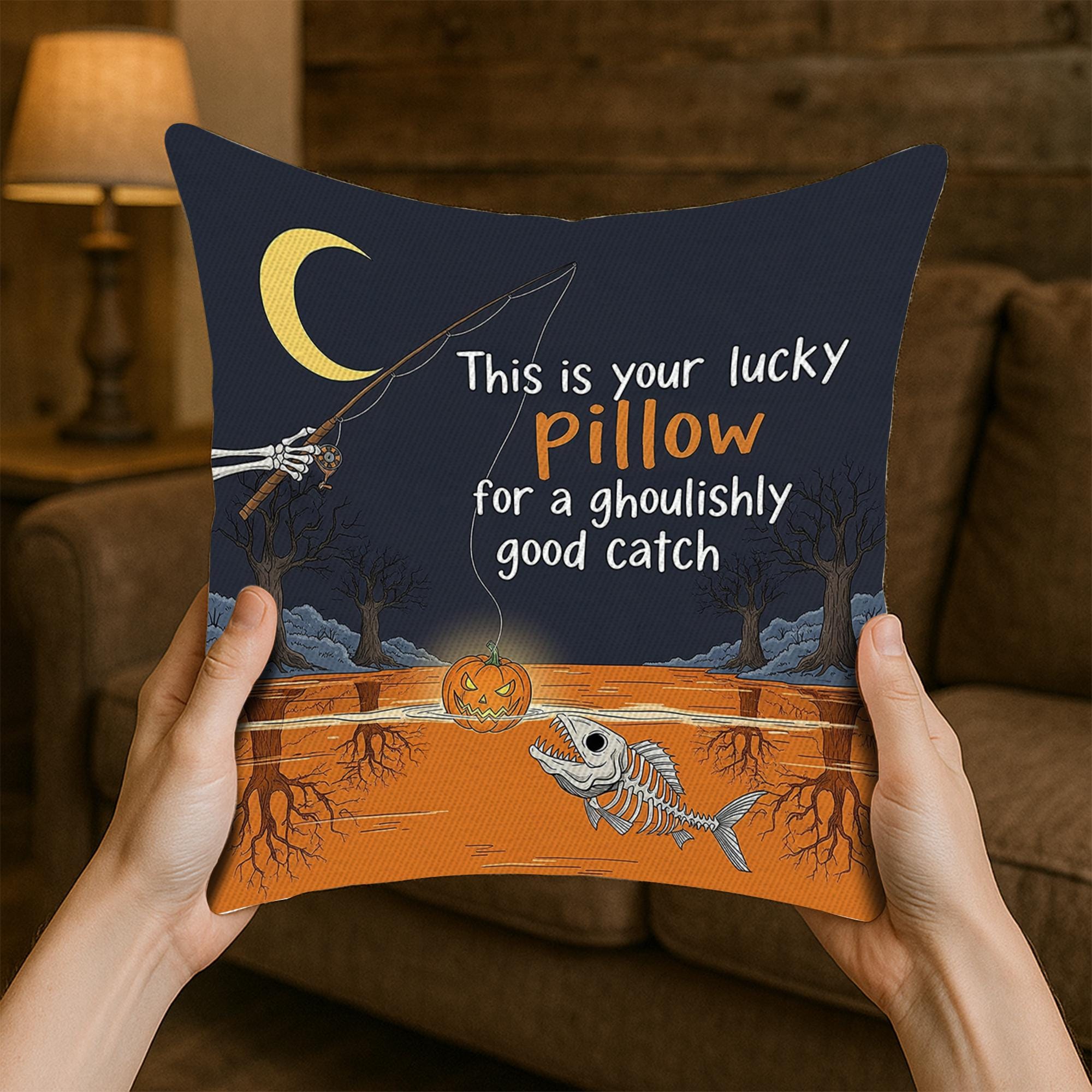 Halloween Fishing Pillow Cover | Spooky Pumpkin Skeleton Fish Cushion | Funny Ghoulish Fall Decor | Haunted House Throw Pillow