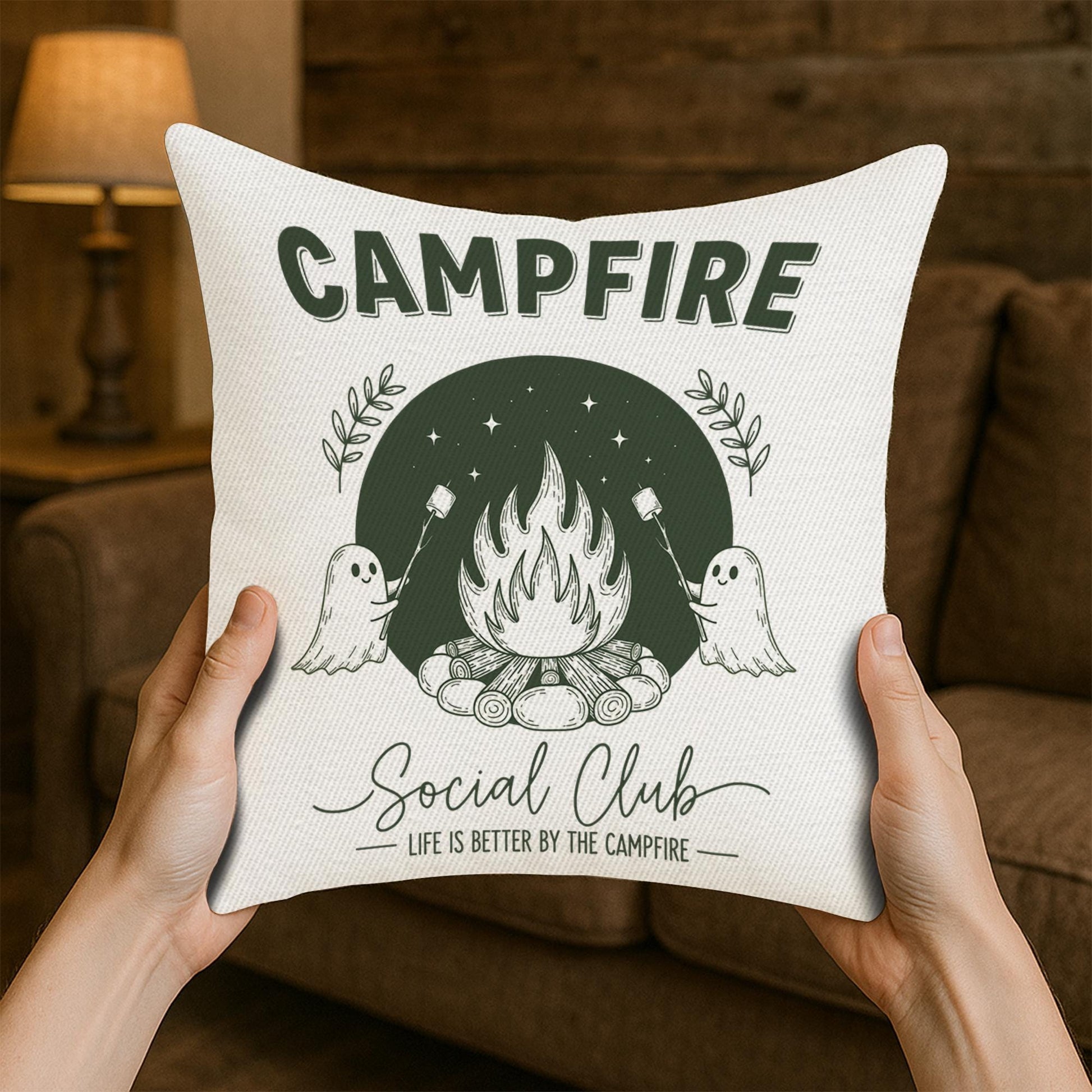 Campfire Ghost Pillow Cover | Cute Camping Throw Pillow | Rustic Cabin Decor | Marshmallow Campfire Cushion | Outdoor Cozy Gift