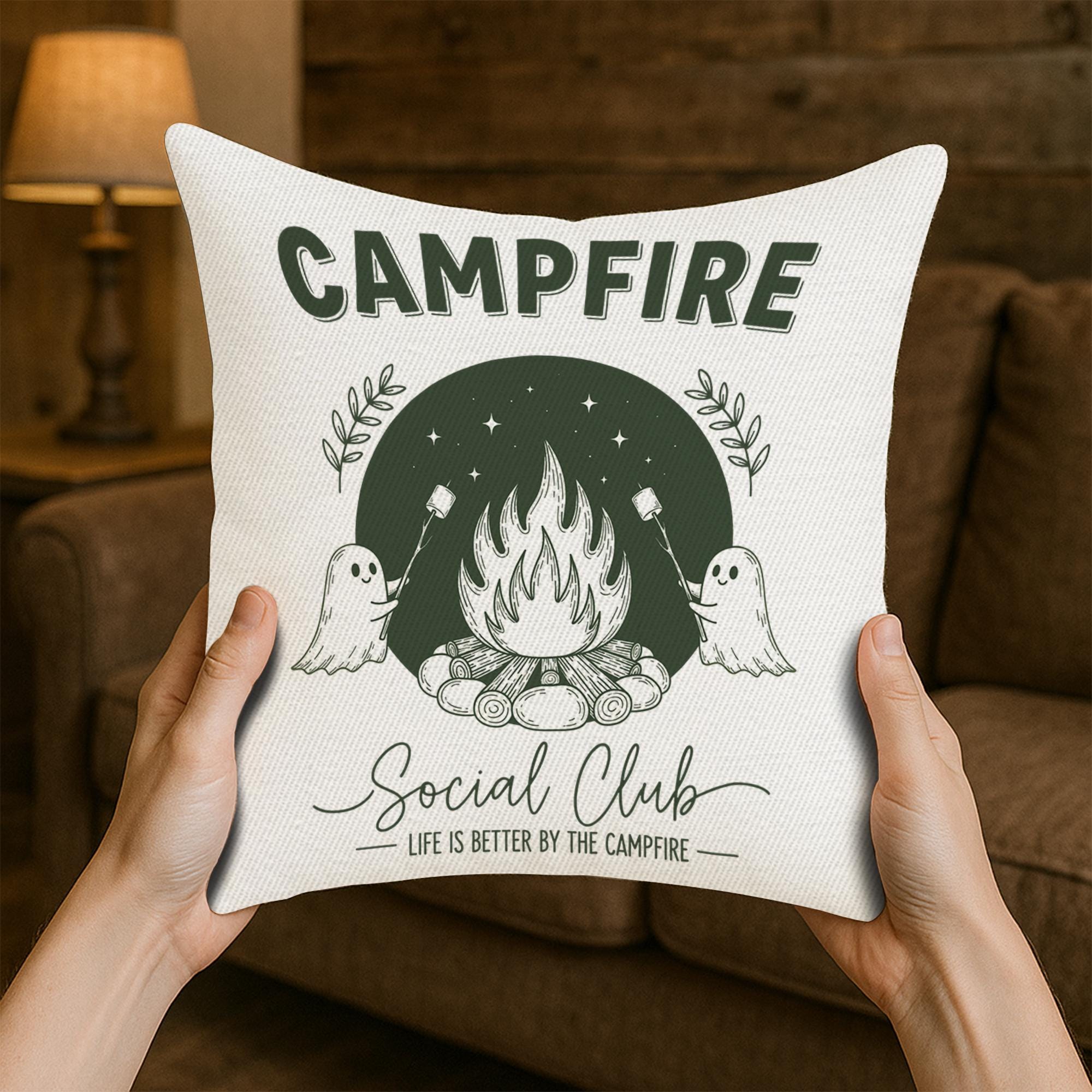 Campfire Ghost Pillow Cover | Cute Camping Throw Pillow | Rustic Cabin Decor | Marshmallow Campfire Cushion | Outdoor Cozy Gift