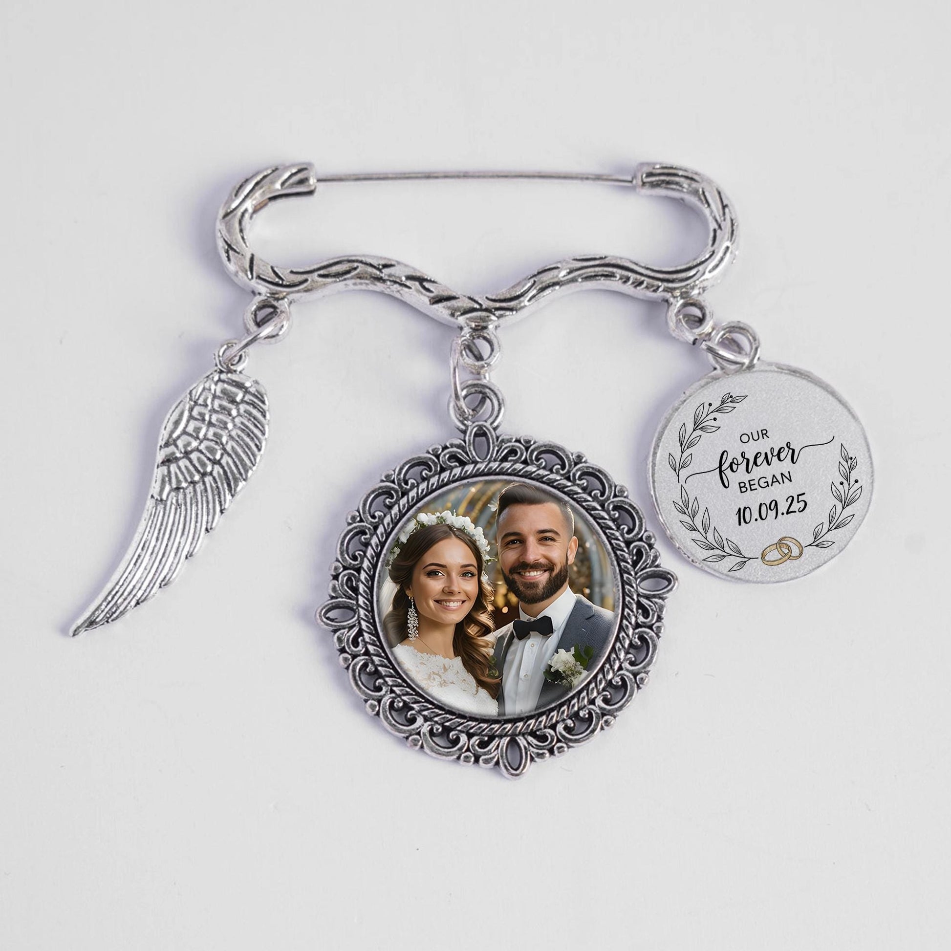 Custom Wedding Photo Charm Pin | Personalized Memorial Brooch with Picture | Bridal Bouquet Keepsake Gift | Forever Love Charm