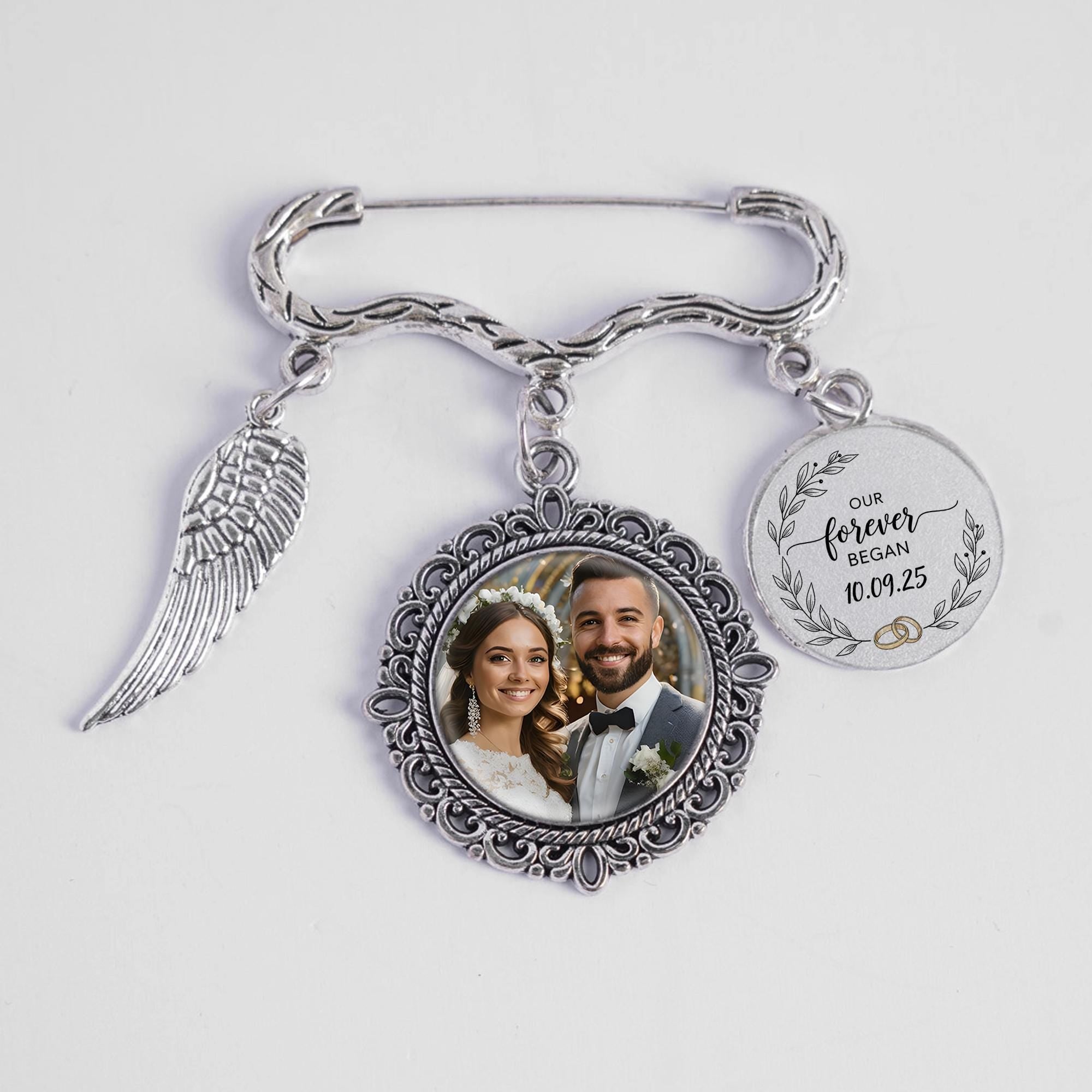 Custom Wedding Photo Charm Pin | Personalized Memorial Brooch with Picture | Bridal Bouquet Keepsake Gift | Forever Love Charm