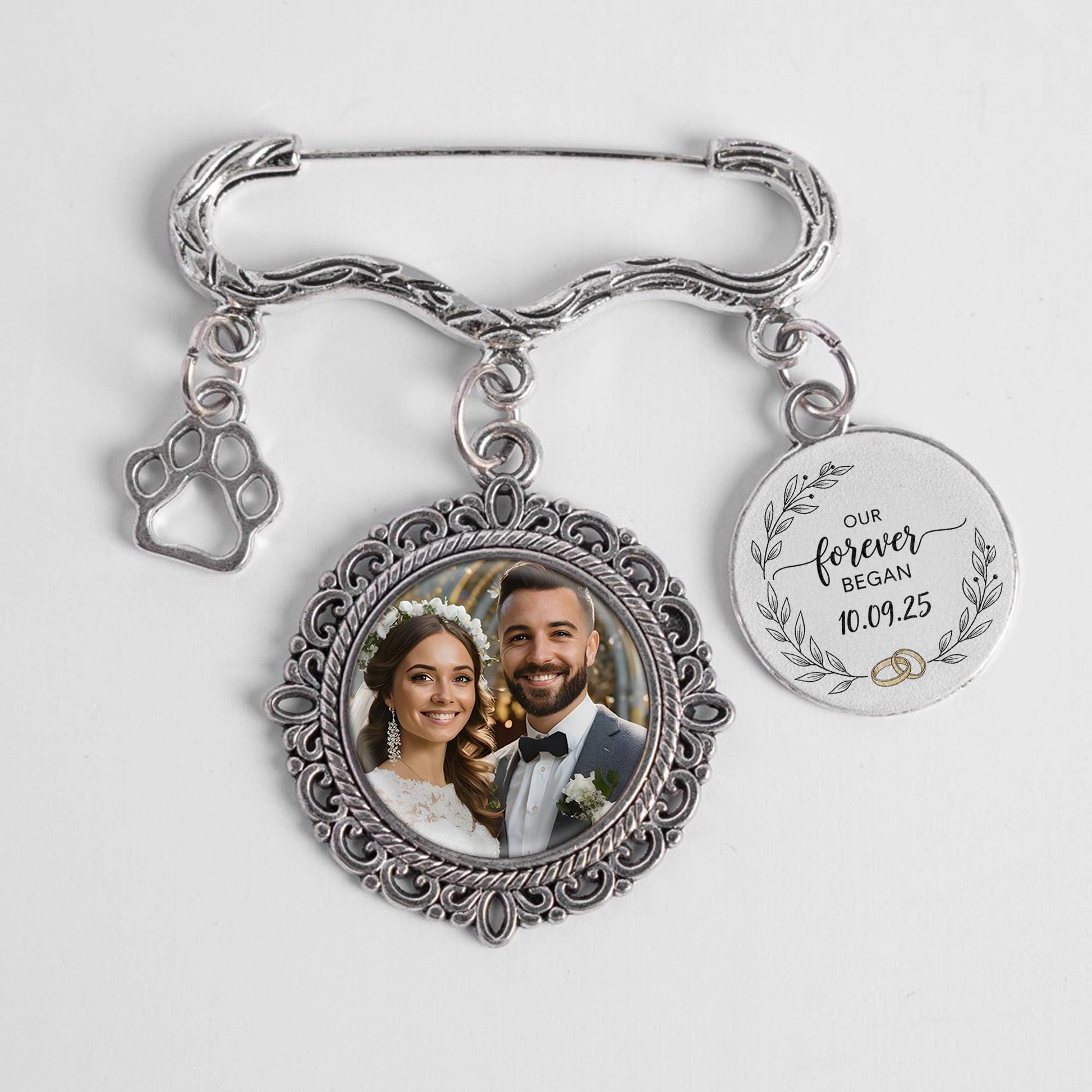 Custom Wedding Photo Charm Pin | Personalized Memorial Brooch with Picture | Bridal Bouquet Keepsake Gift | Forever Love Charm