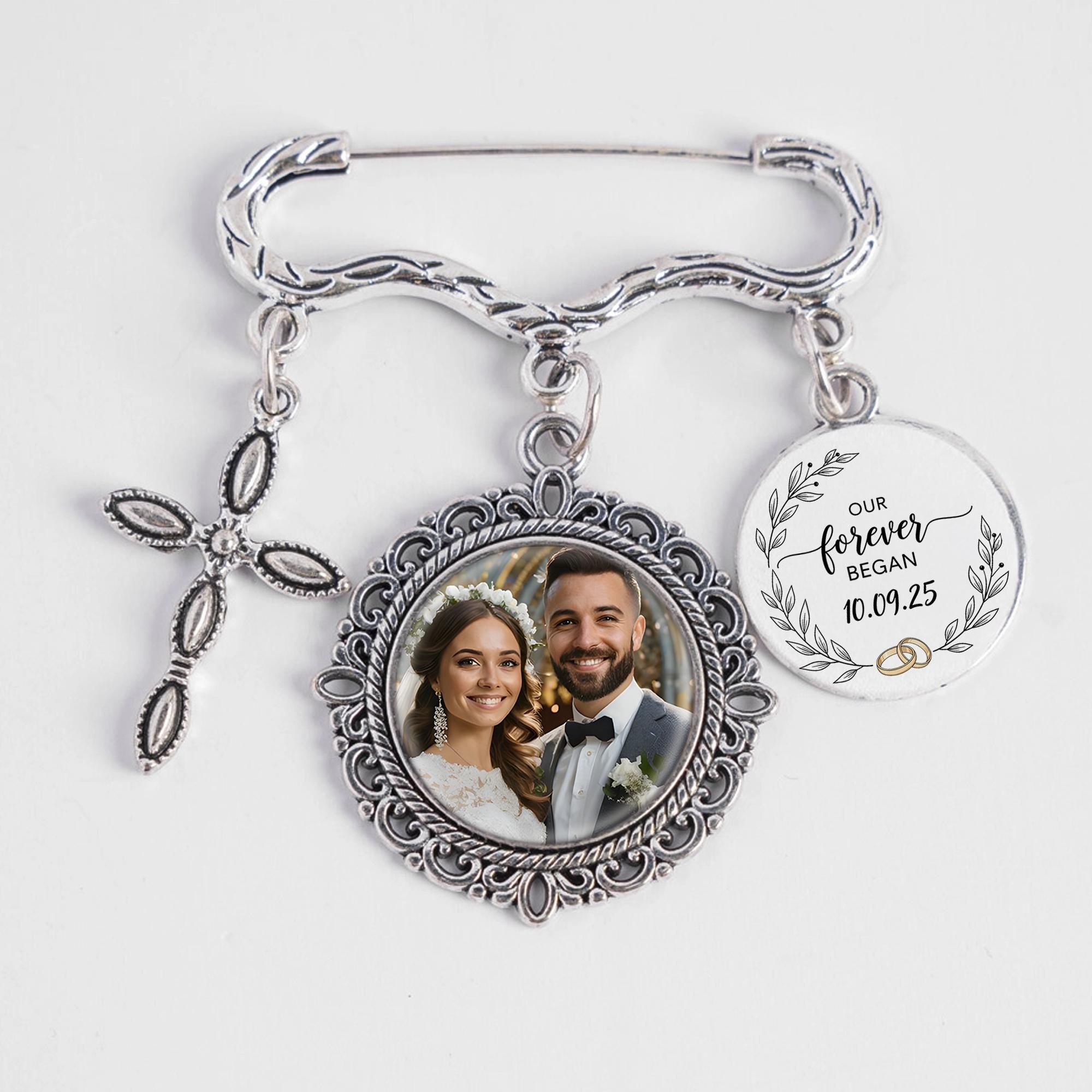 Custom Wedding Photo Charm Pin | Personalized Memorial Brooch with Picture | Bridal Bouquet Keepsake Gift | Forever Love Charm