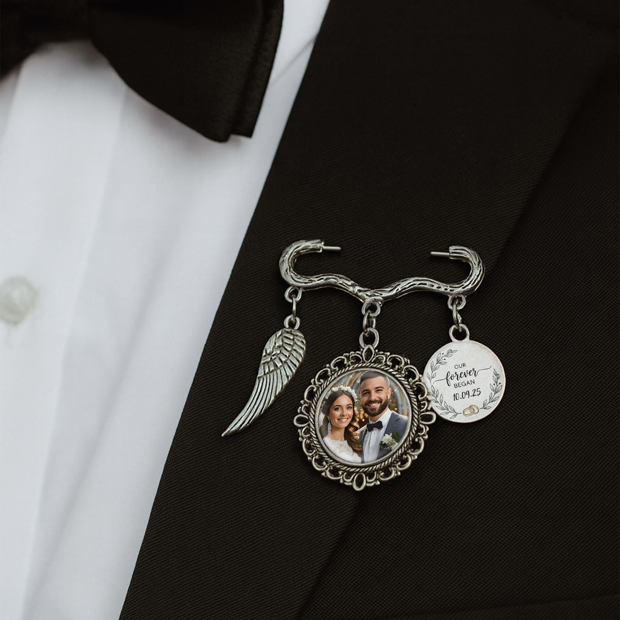 Custom Wedding Photo Charm Pin | Personalized Memorial Brooch with Picture | Bridal Bouquet Keepsake Gift | Forever Love Charm