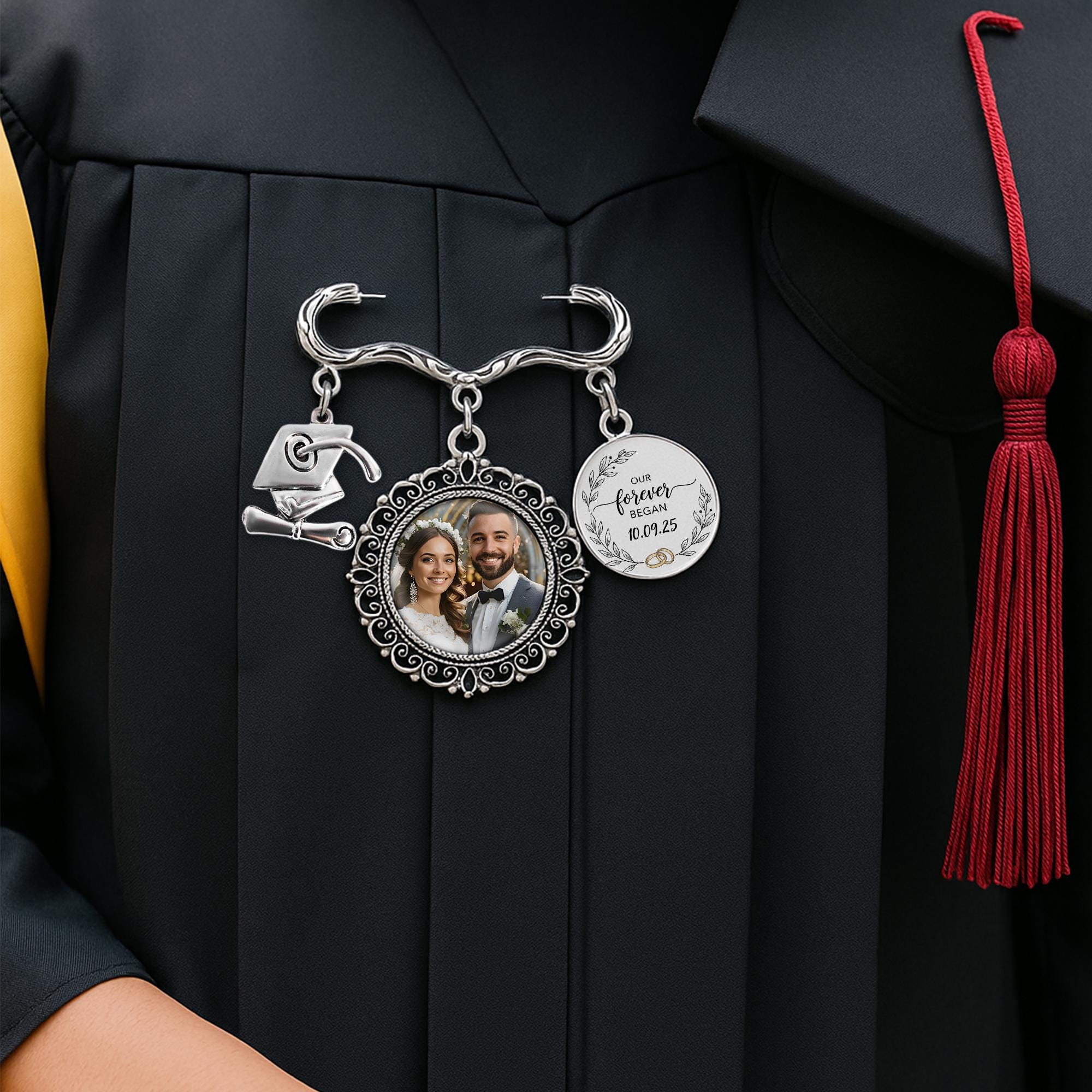 Custom Wedding Photo Charm Pin | Personalized Memorial Brooch with Picture | Bridal Bouquet Keepsake Gift | Forever Love Charm