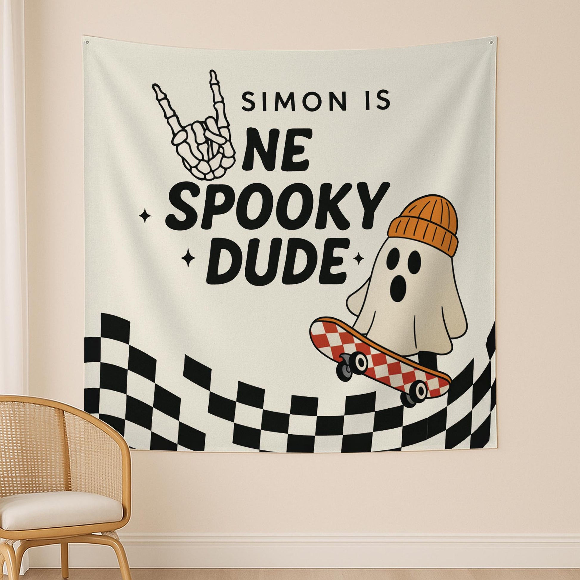 Custom Spooky Birthday Tapestry – Personalized Skateboard Ghost Party Banner, Halloween Birthday Backdrop Decor