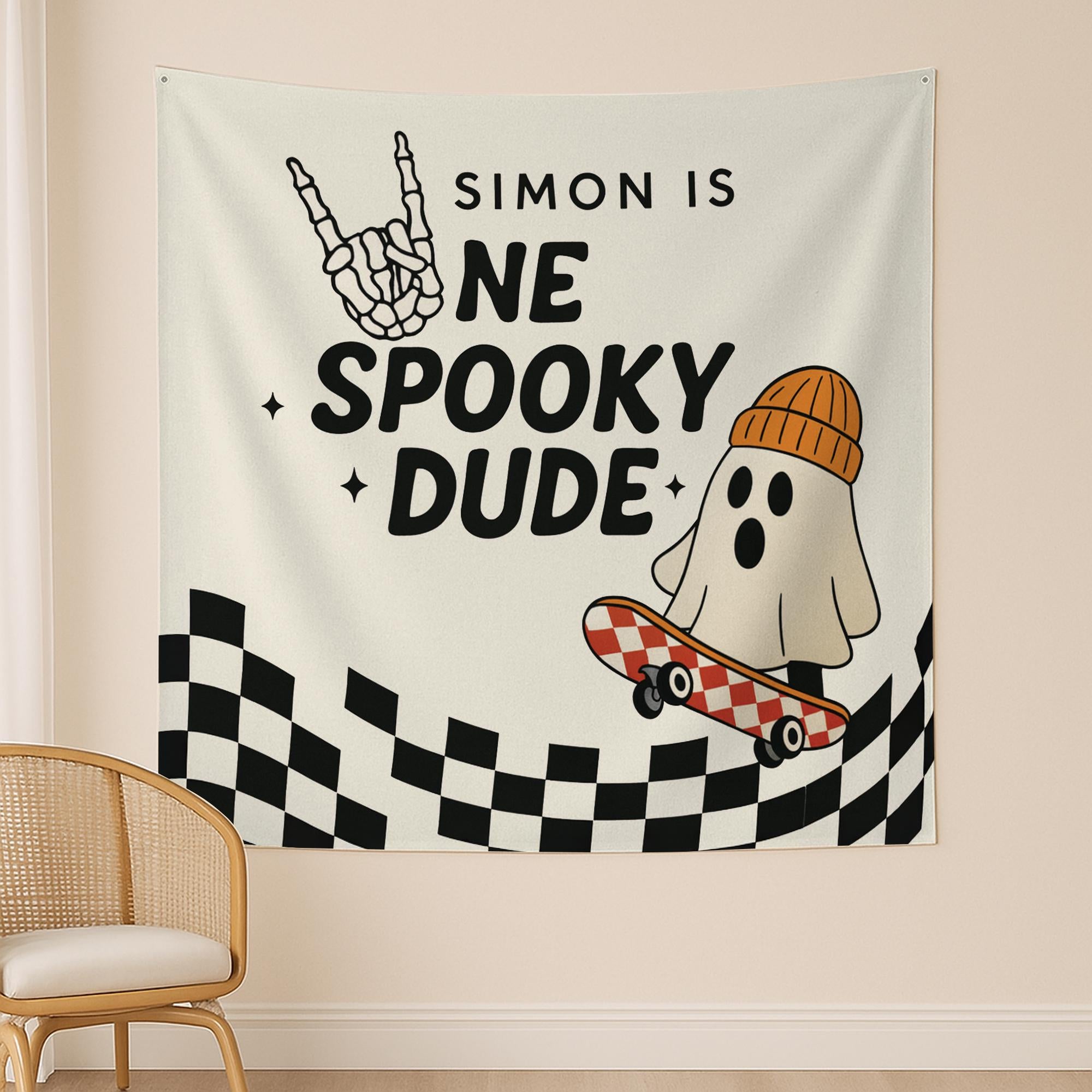 Custom Spooky Birthday Tapestry – Personalized Skateboard Ghost Party Banner, Halloween Birthday Backdrop Decor