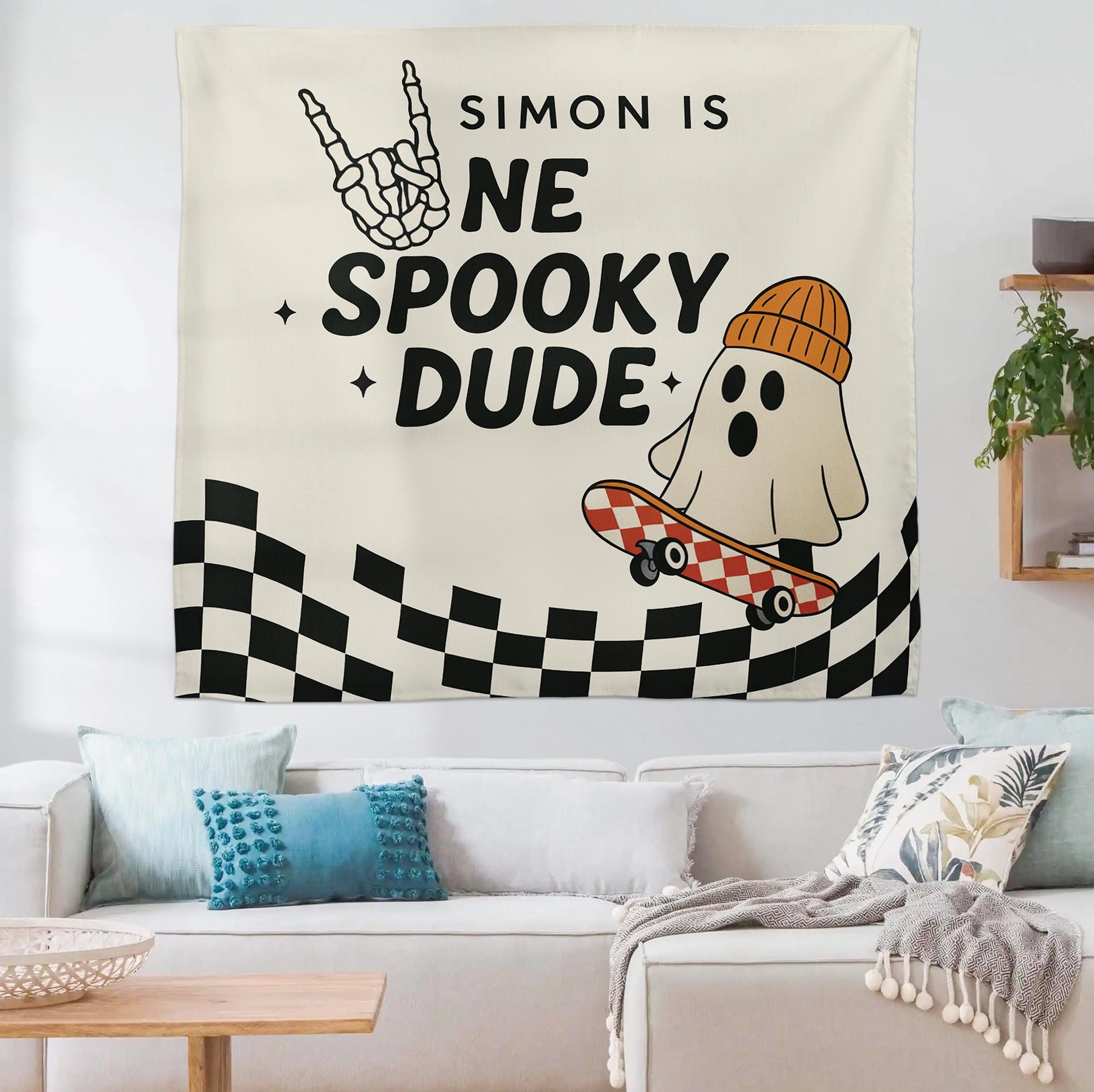 Custom Spooky Birthday Tapestry – Personalized Skateboard Ghost Party Banner, Halloween Birthday Backdrop Decor
