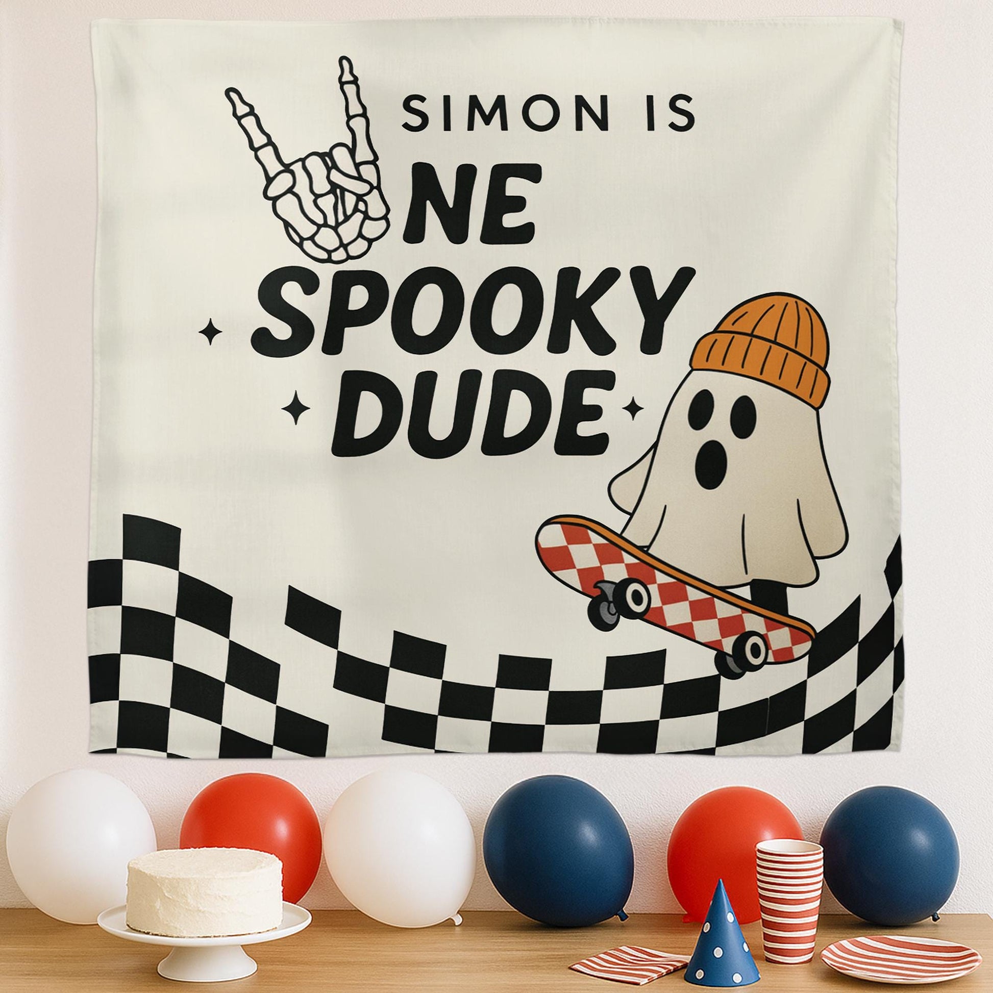 Custom Spooky Birthday Tapestry – Personalized Skateboard Ghost Party Banner, Halloween Birthday Backdrop Decor