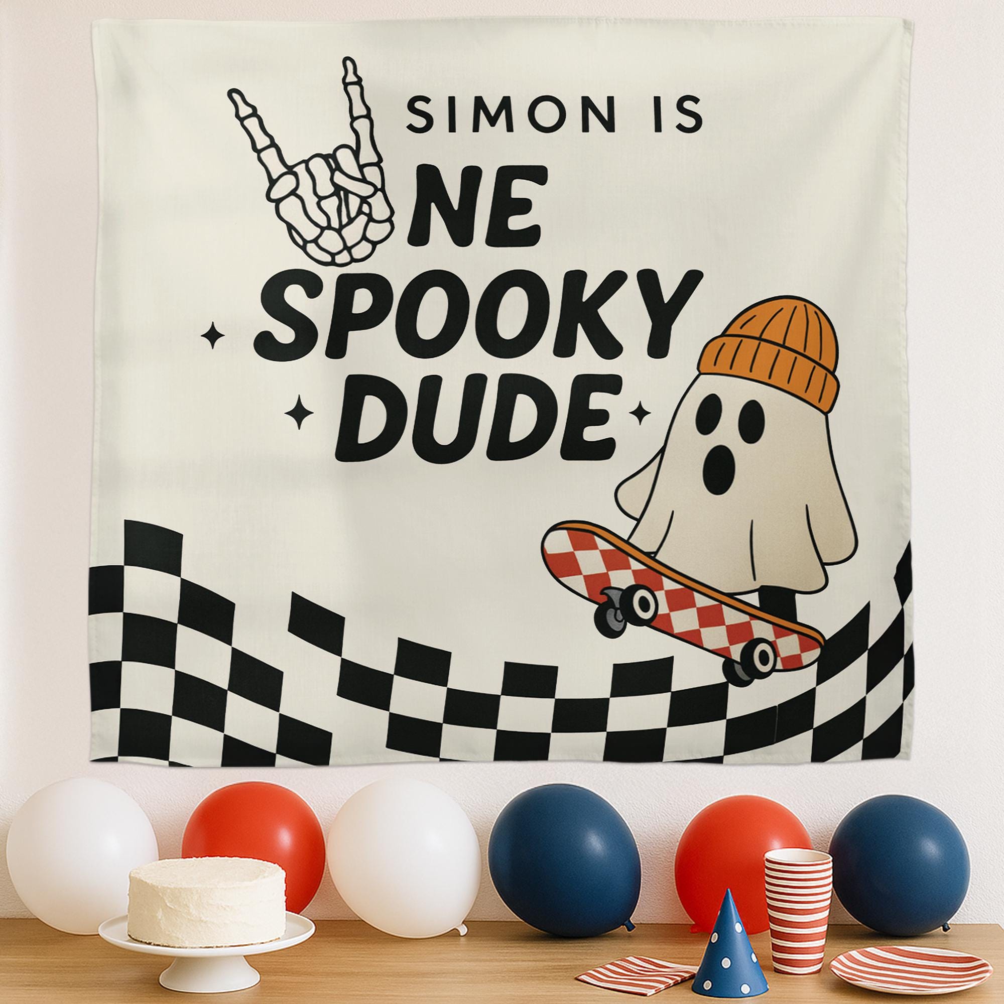 Custom Spooky Birthday Tapestry – Personalized Skateboard Ghost Party Banner, Halloween Birthday Backdrop Decor