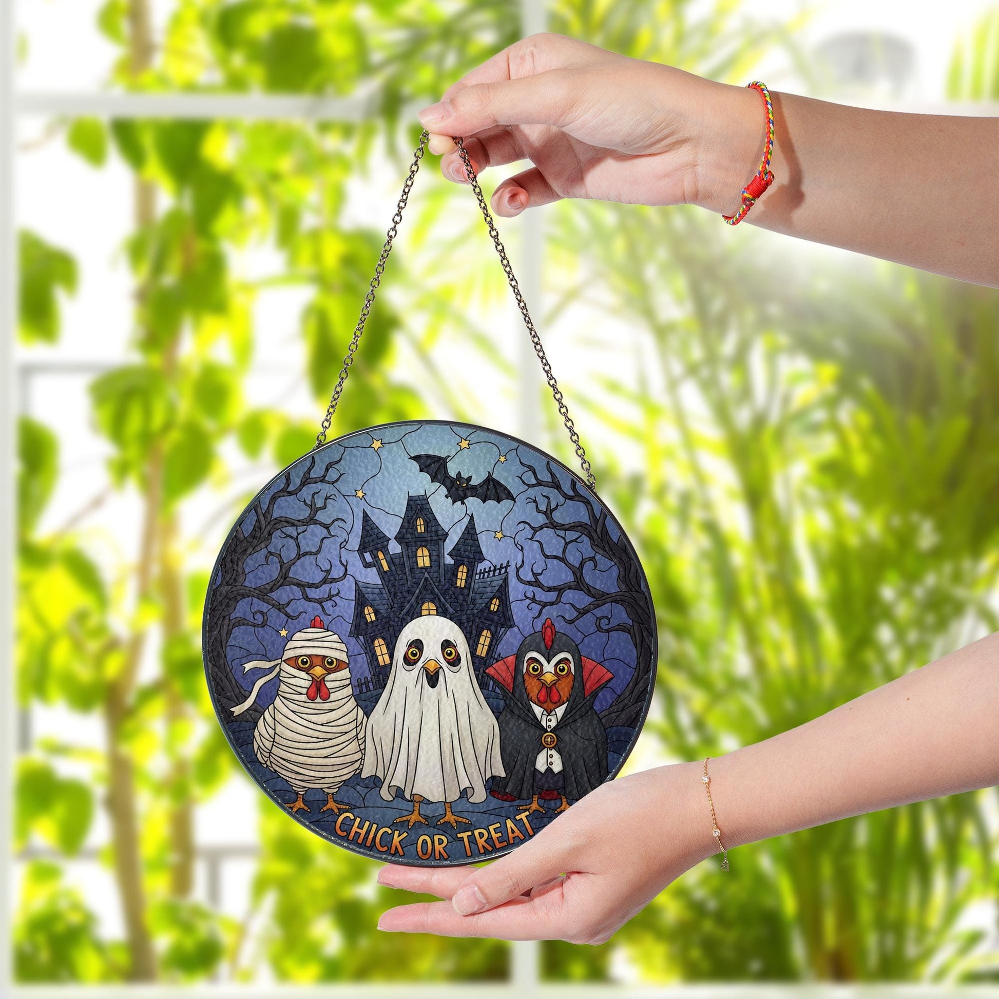 Chick or Treat Suncatcher | Funny Halloween Chicken Faux Stained Glass | Haunted House Window Hanging | Spooky Farmhouse Decor
