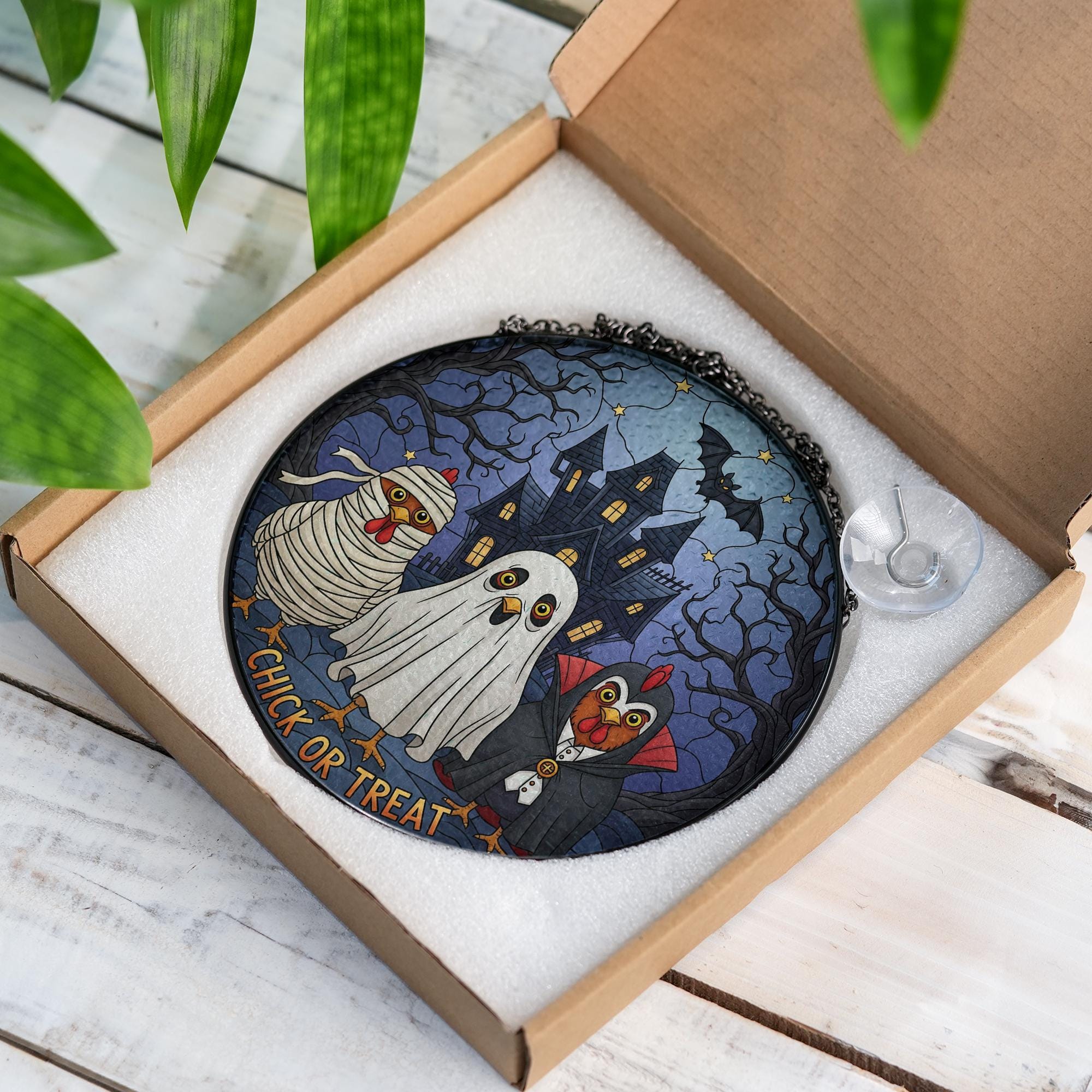 Chick or Treat Suncatcher | Funny Halloween Chicken Faux Stained Glass | Haunted House Window Hanging | Spooky Farmhouse Decor