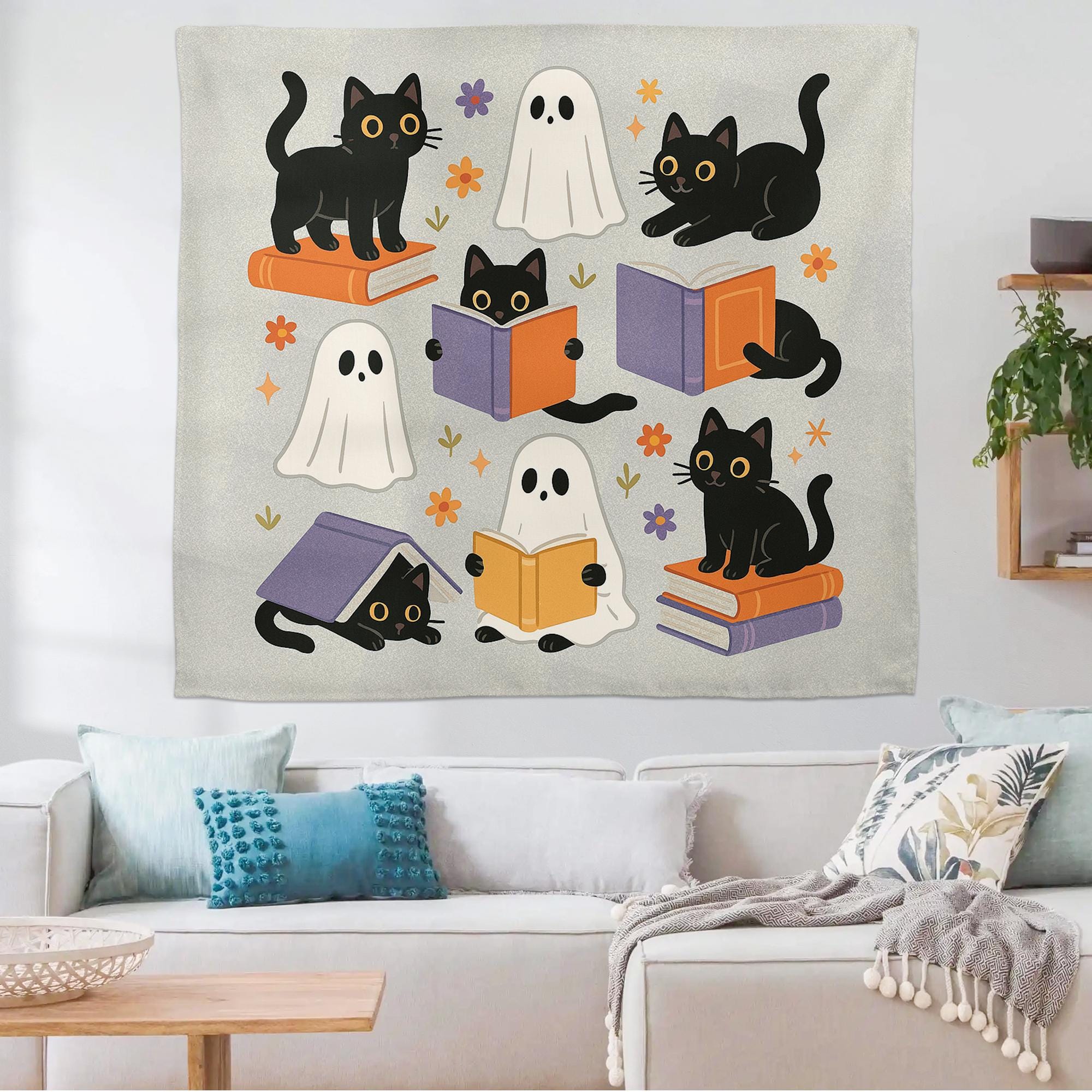 Cute Halloween Tapestry, Black Cat Ghost Wall Art, Classroom Reading Decor, Fall Bookish Banner, Spooky Cute School Tapestry