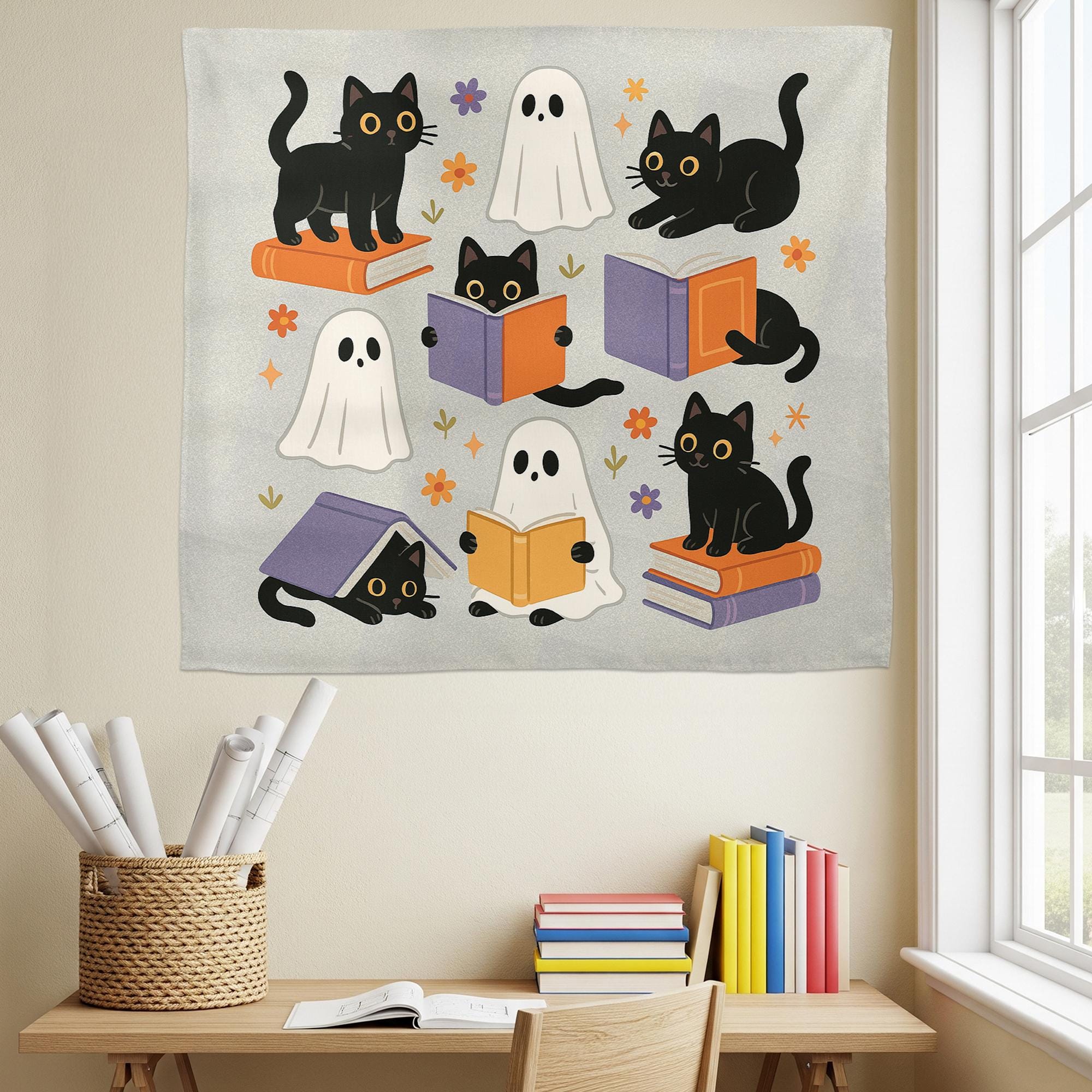 Cute Halloween Tapestry, Black Cat Ghost Wall Art, Classroom Reading Decor, Fall Bookish Banner, Spooky Cute School Tapestry
