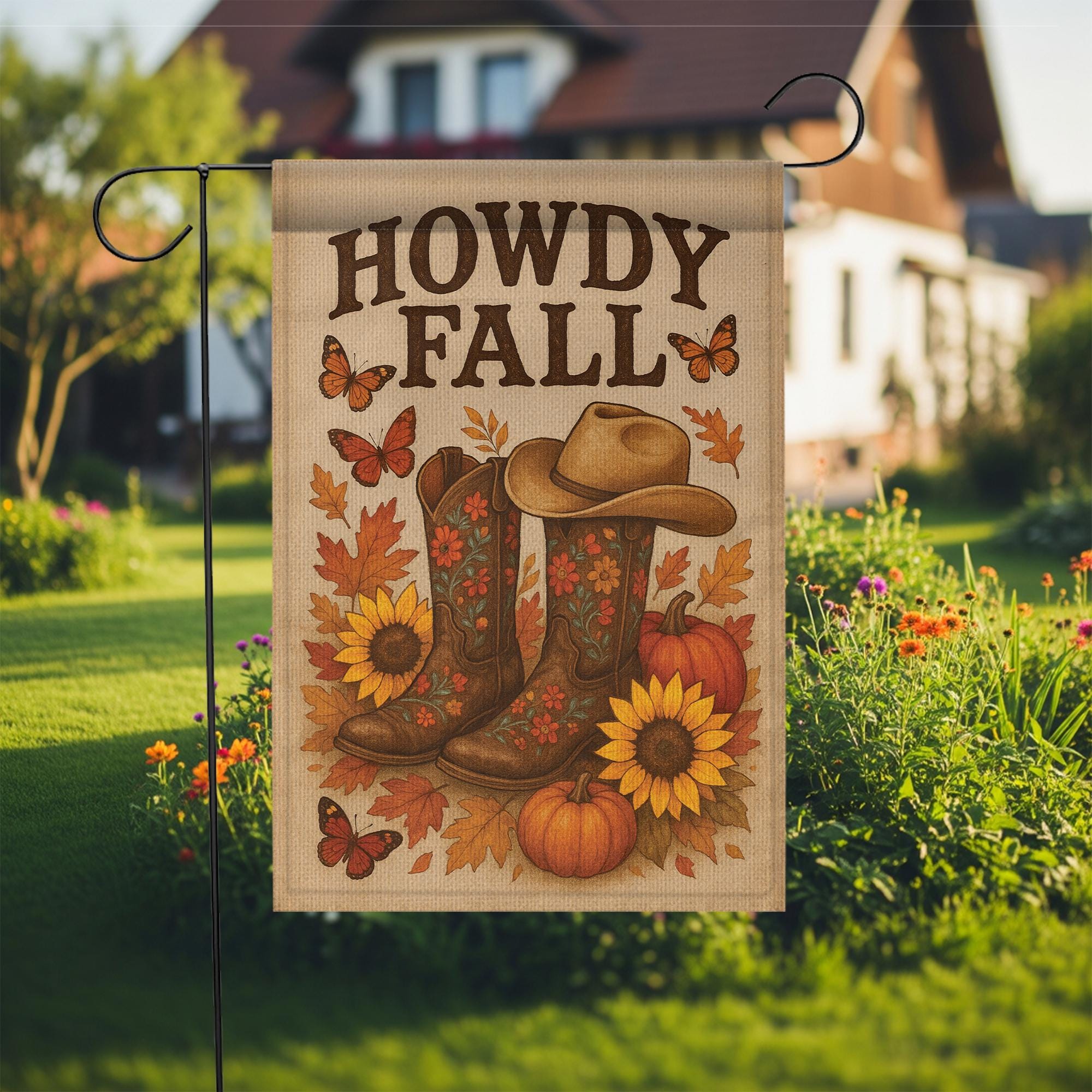 Howdy Fall Garden Flag, Western Autumn Yard Decor, Cowboy Boot Pumpkin Banner, Rustic Fall Outdoor Sign, Country Seasonal Flag