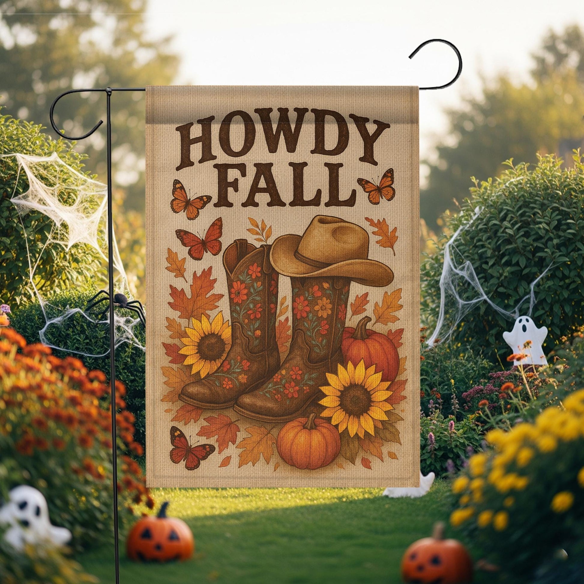 Howdy Fall Garden Flag, Western Autumn Yard Decor, Cowboy Boot Pumpkin Banner, Rustic Fall Outdoor Sign, Country Seasonal Flag