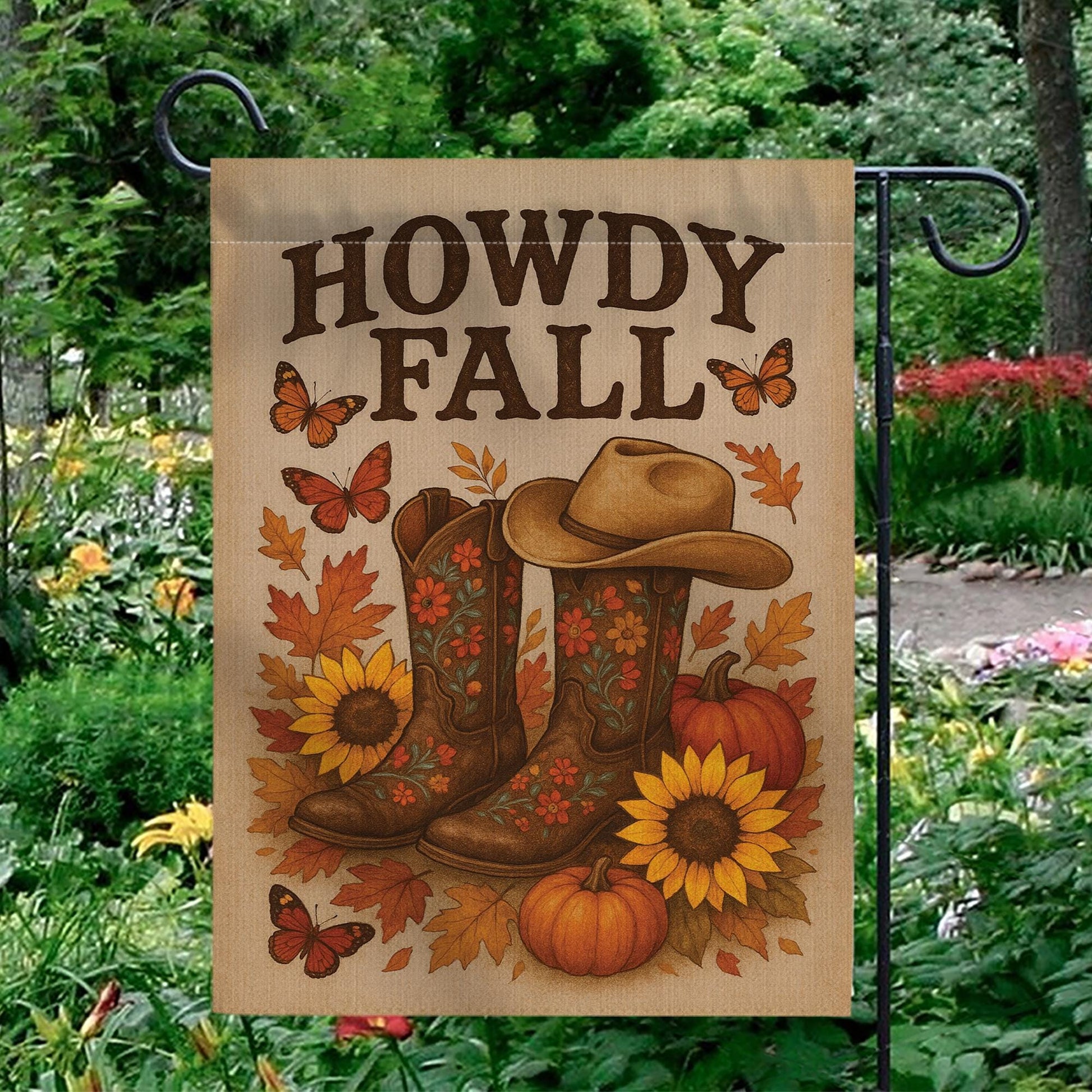 Howdy Fall Garden Flag, Western Autumn Yard Decor, Cowboy Boot Pumpkin Banner, Rustic Fall Outdoor Sign, Country Seasonal Flag