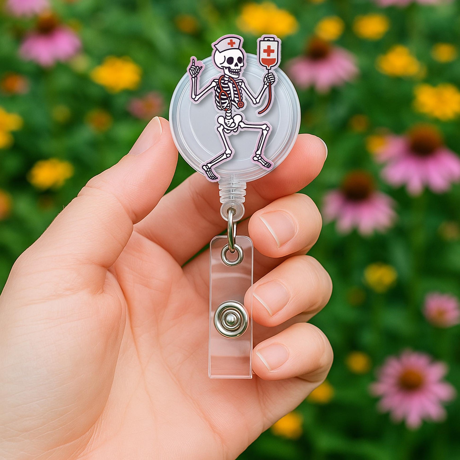 Skeleton Nurse Badge Reel, Halloween ID Holder, Cute Medical Badge Clip, RN Lanyard Accessory, Funny Healthcare Badge Reel