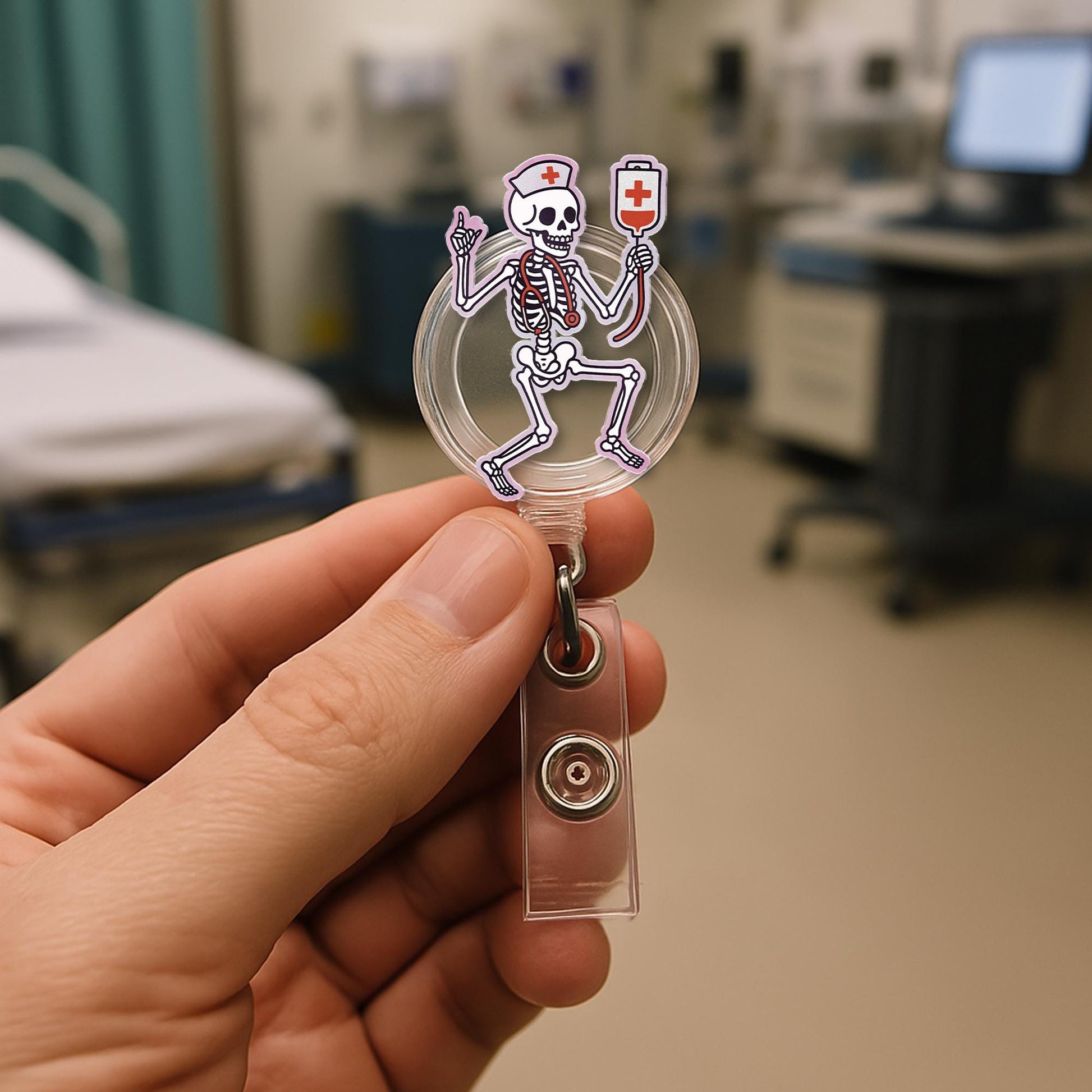 Skeleton Nurse Badge Reel, Halloween ID Holder, Cute Medical Badge Clip, RN Lanyard Accessory, Funny Healthcare Badge Reel