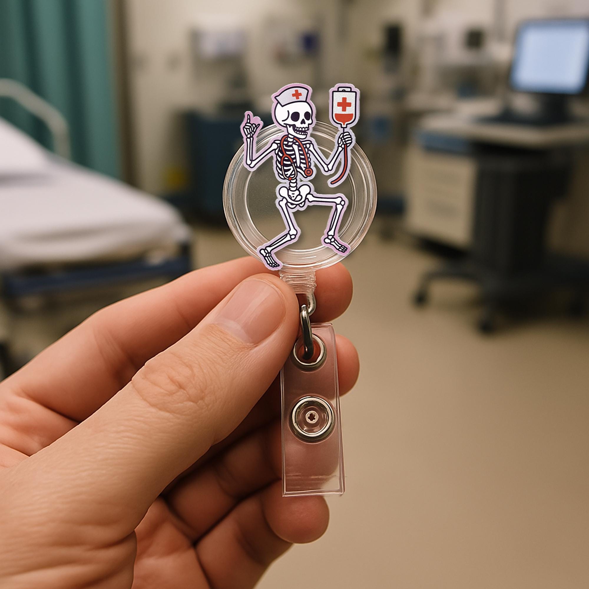 Skeleton Nurse Badge Reel, Halloween ID Holder, Cute Medical Badge Clip, RN Lanyard Accessory, Funny Healthcare Badge Reel