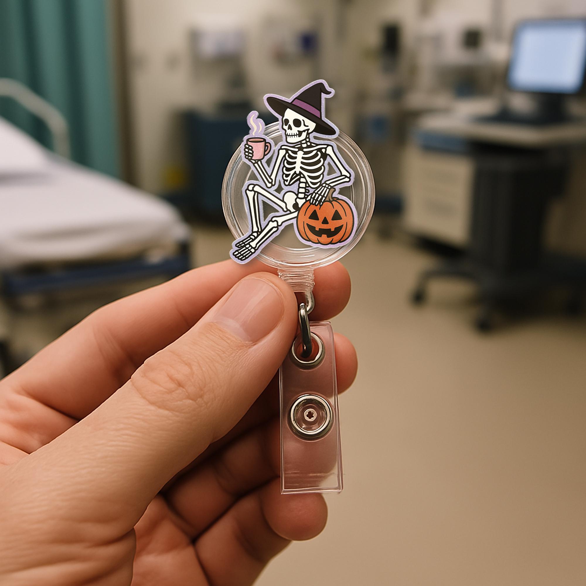 Witch Skeleton Badge Reel, Halloween Coffee ID Holder, Cute Fall Badge Clip, Pumpkin Nurse Gift, Funny Medical Badge Accessory