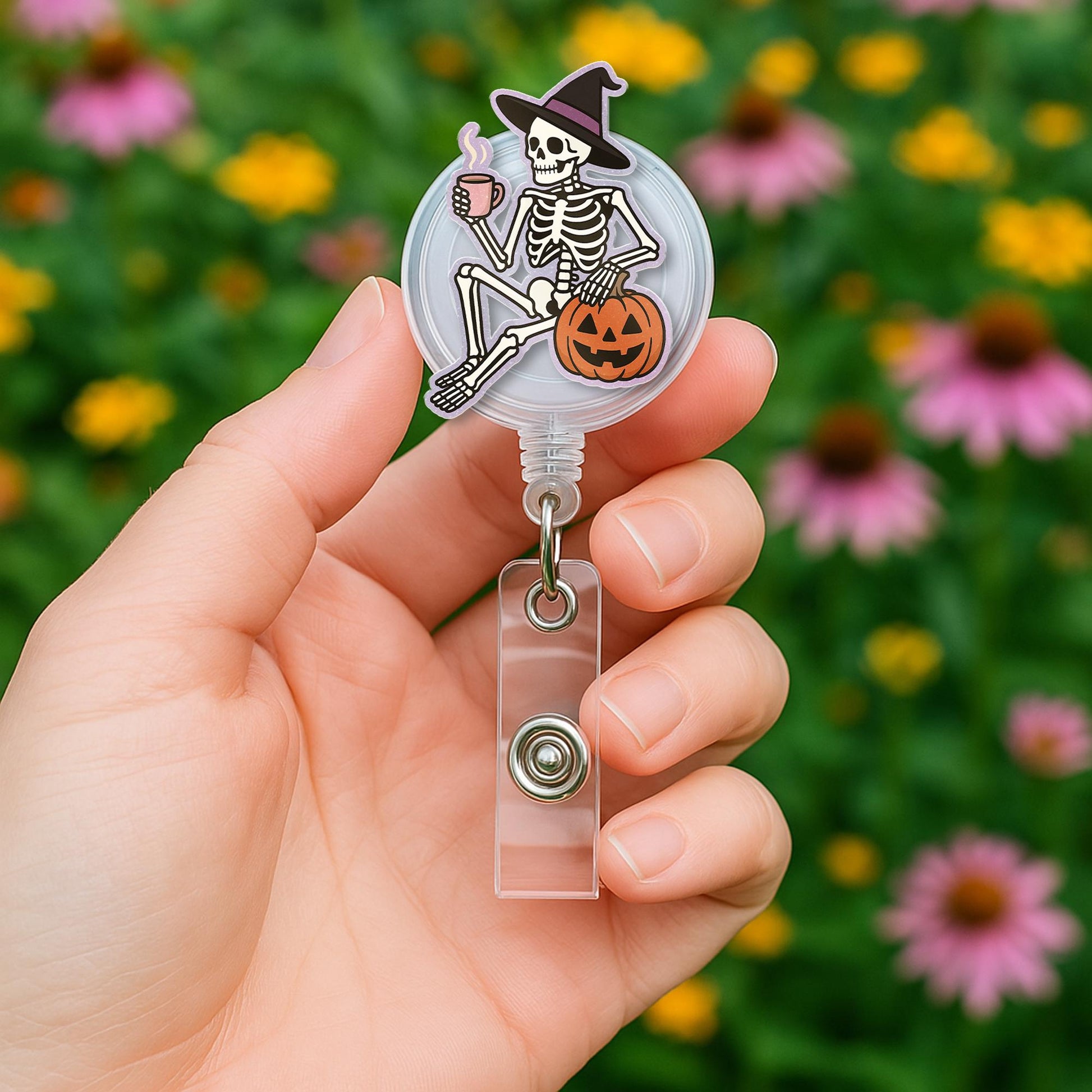 Witch Skeleton Badge Reel, Halloween Coffee ID Holder, Cute Fall Badge Clip, Pumpkin Nurse Gift, Funny Medical Badge Accessory