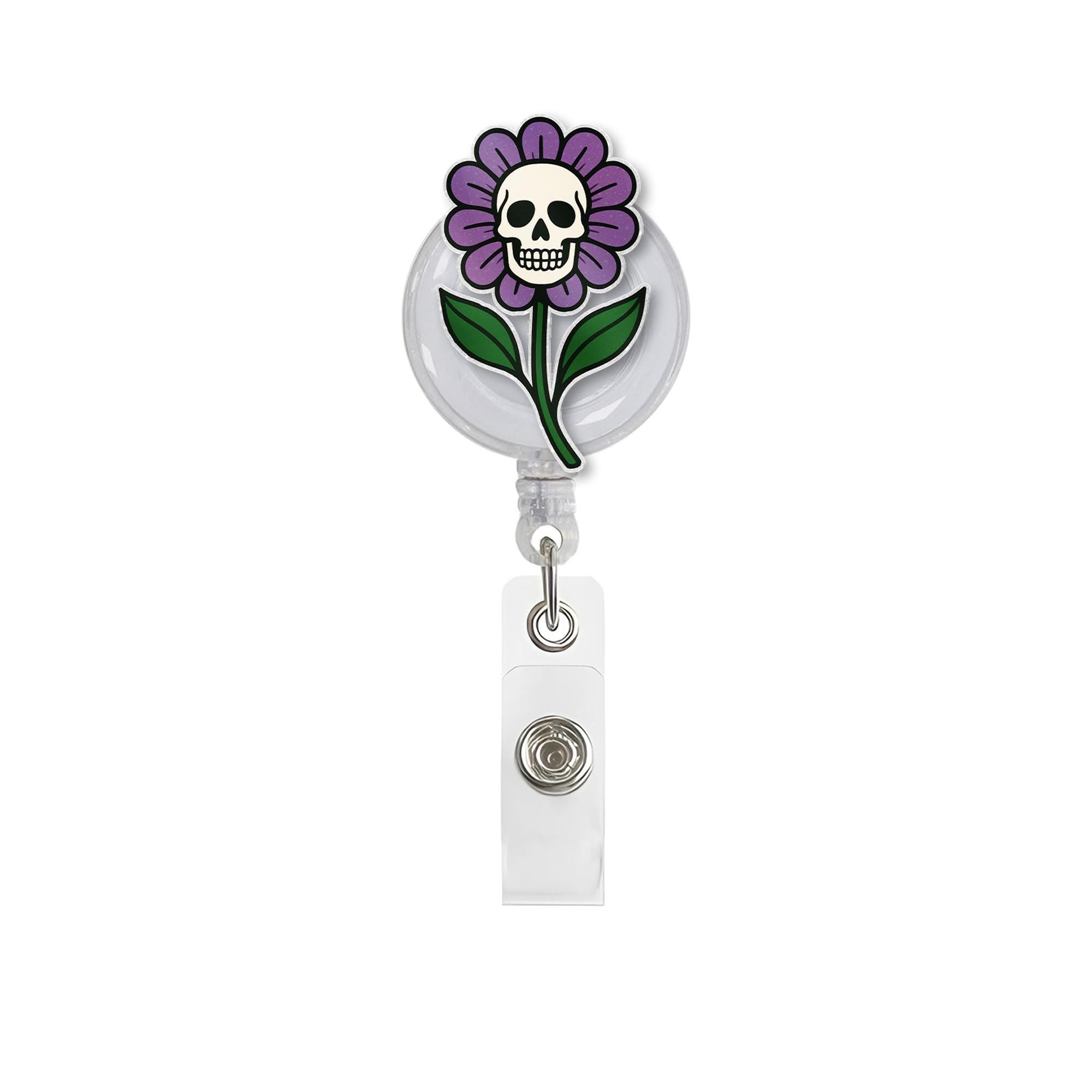 Skull Flower Badge Reel, Gothic ID Holder, Cute Spooky Nurse Clip, Halloween Floral Badge, Dark Aesthetic Badge Reel