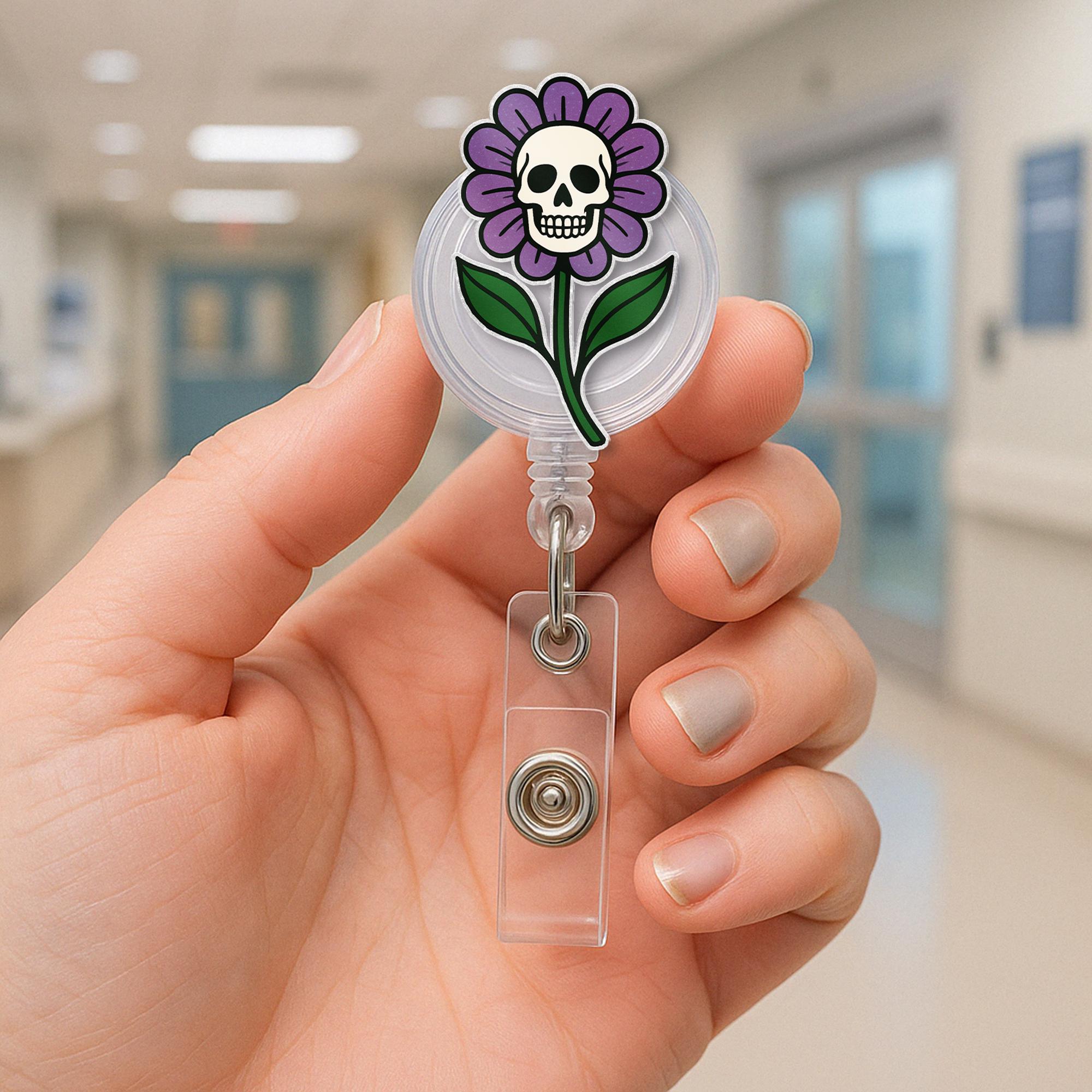 Skull Flower Badge Reel, Gothic ID Holder, Cute Spooky Nurse Clip, Halloween Floral Badge, Dark Aesthetic Badge Reel