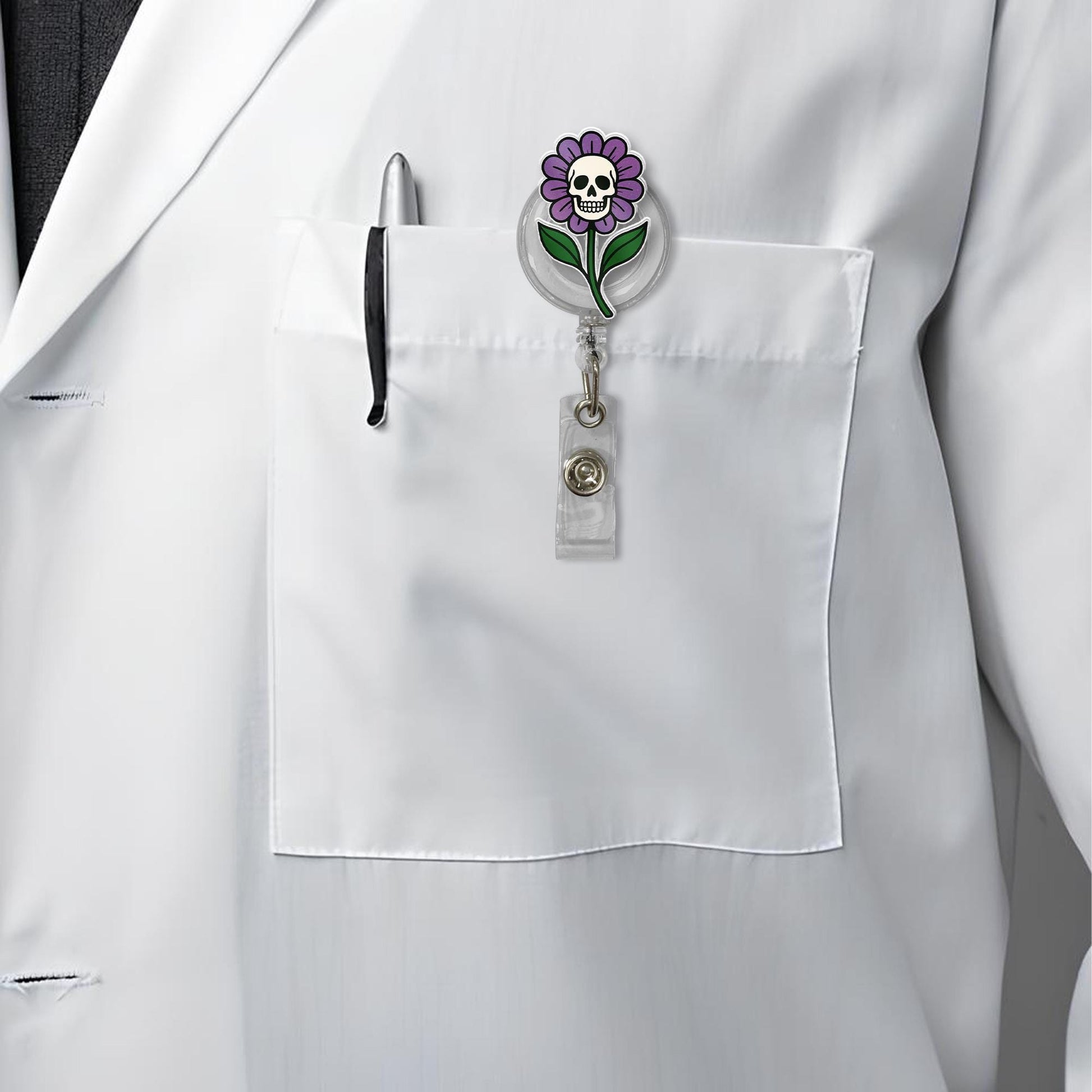 Skull Flower Badge Reel, Gothic ID Holder, Cute Spooky Nurse Clip, Halloween Floral Badge, Dark Aesthetic Badge Reel