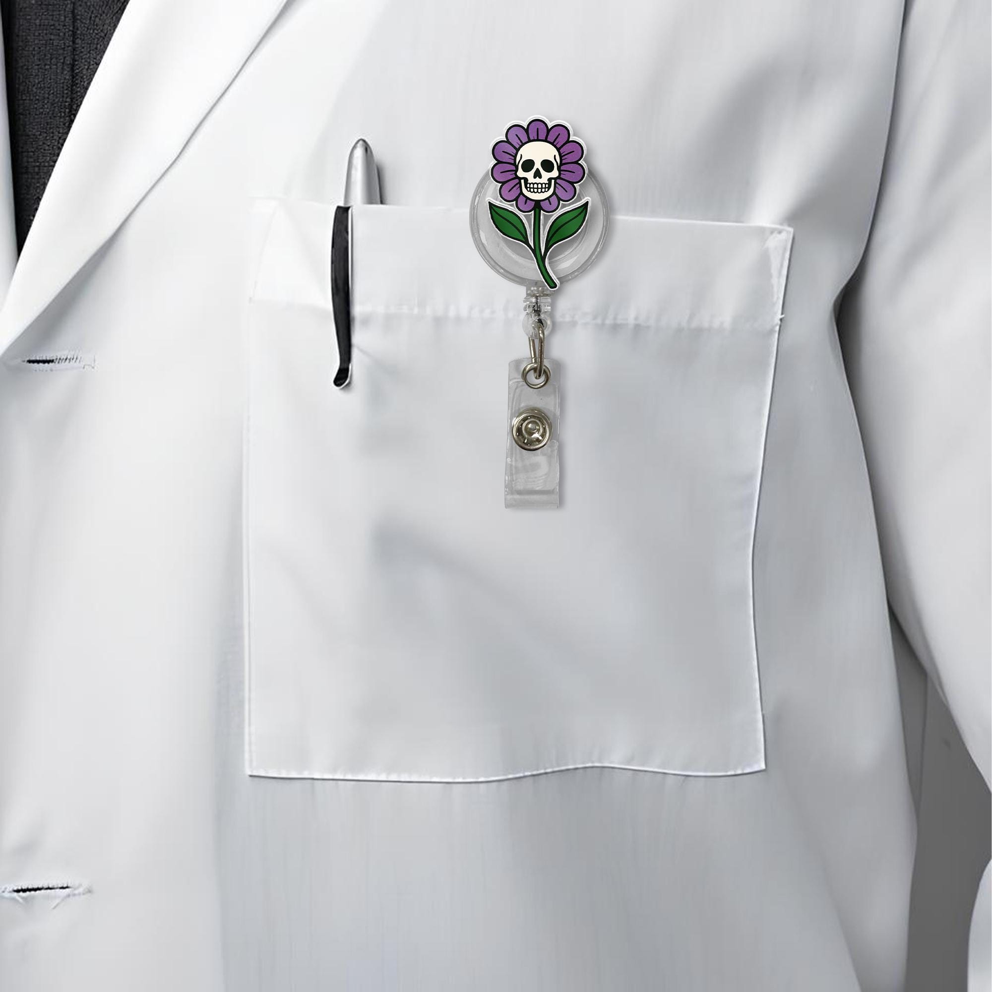Skull Flower Badge Reel, Gothic ID Holder, Cute Spooky Nurse Clip, Halloween Floral Badge, Dark Aesthetic Badge Reel