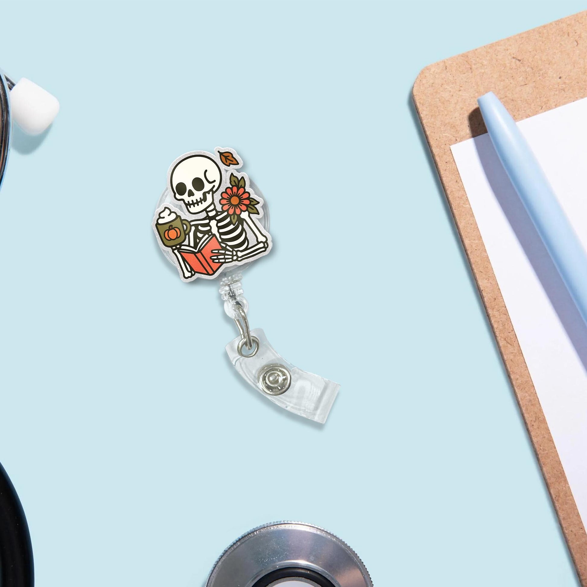 Skeleton Reading Badge Reel, Fall Coffee ID Holder, Pumpkin Spice Nurse Clip, Cute Halloween Badge, Spooky Autumn Accessory