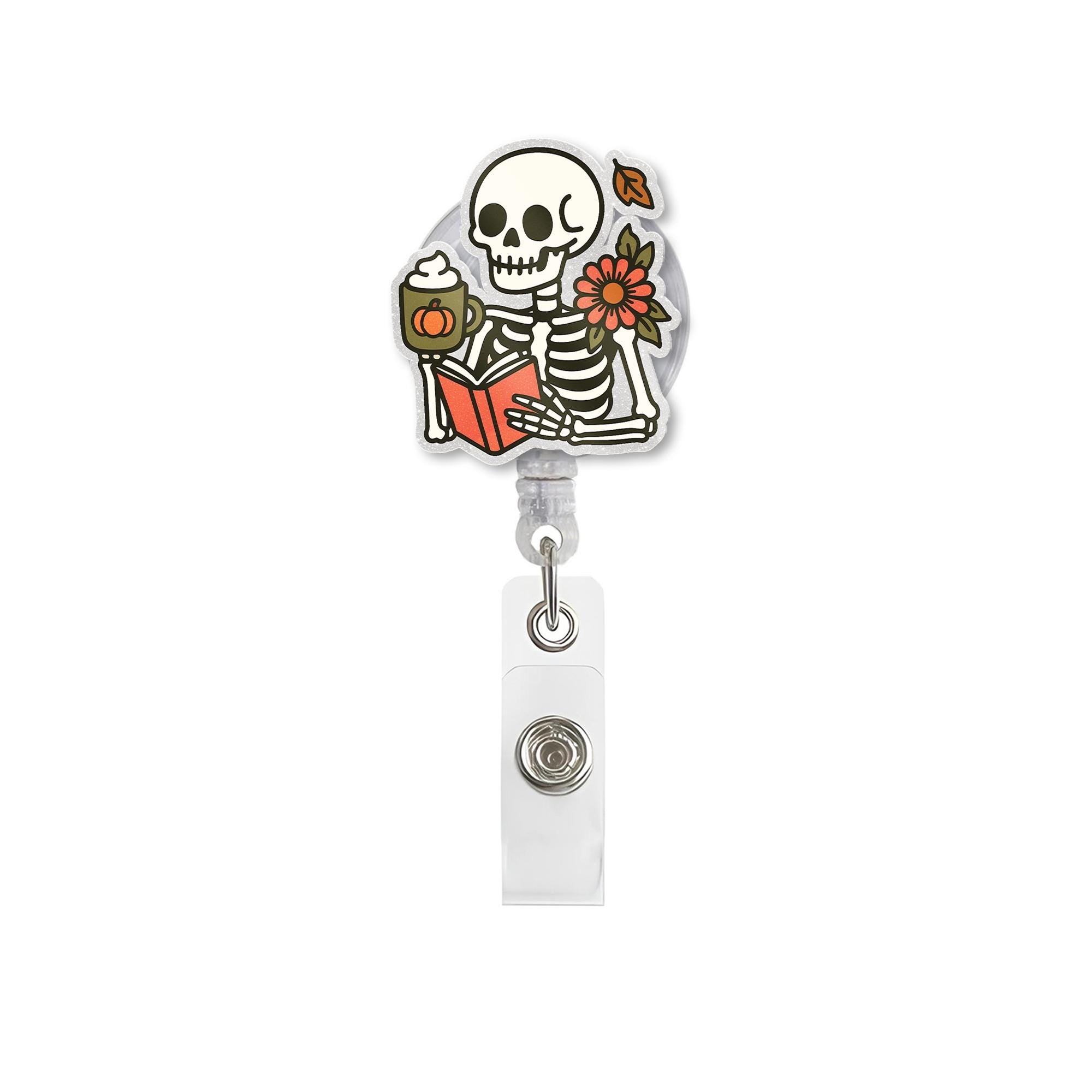 Skeleton Reading Badge Reel, Fall Coffee ID Holder, Pumpkin Spice Nurse Clip, Cute Halloween Badge, Spooky Autumn Accessory