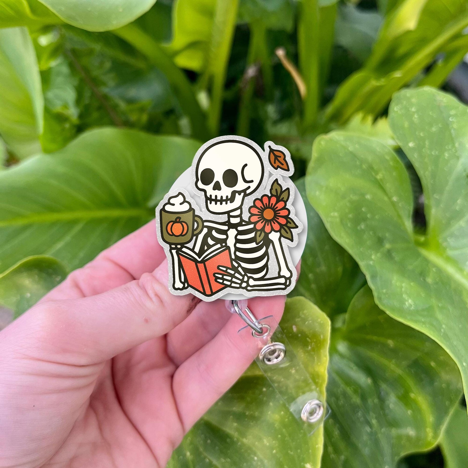 Skeleton Reading Badge Reel, Fall Coffee ID Holder, Pumpkin Spice Nurse Clip, Cute Halloween Badge, Spooky Autumn Accessory