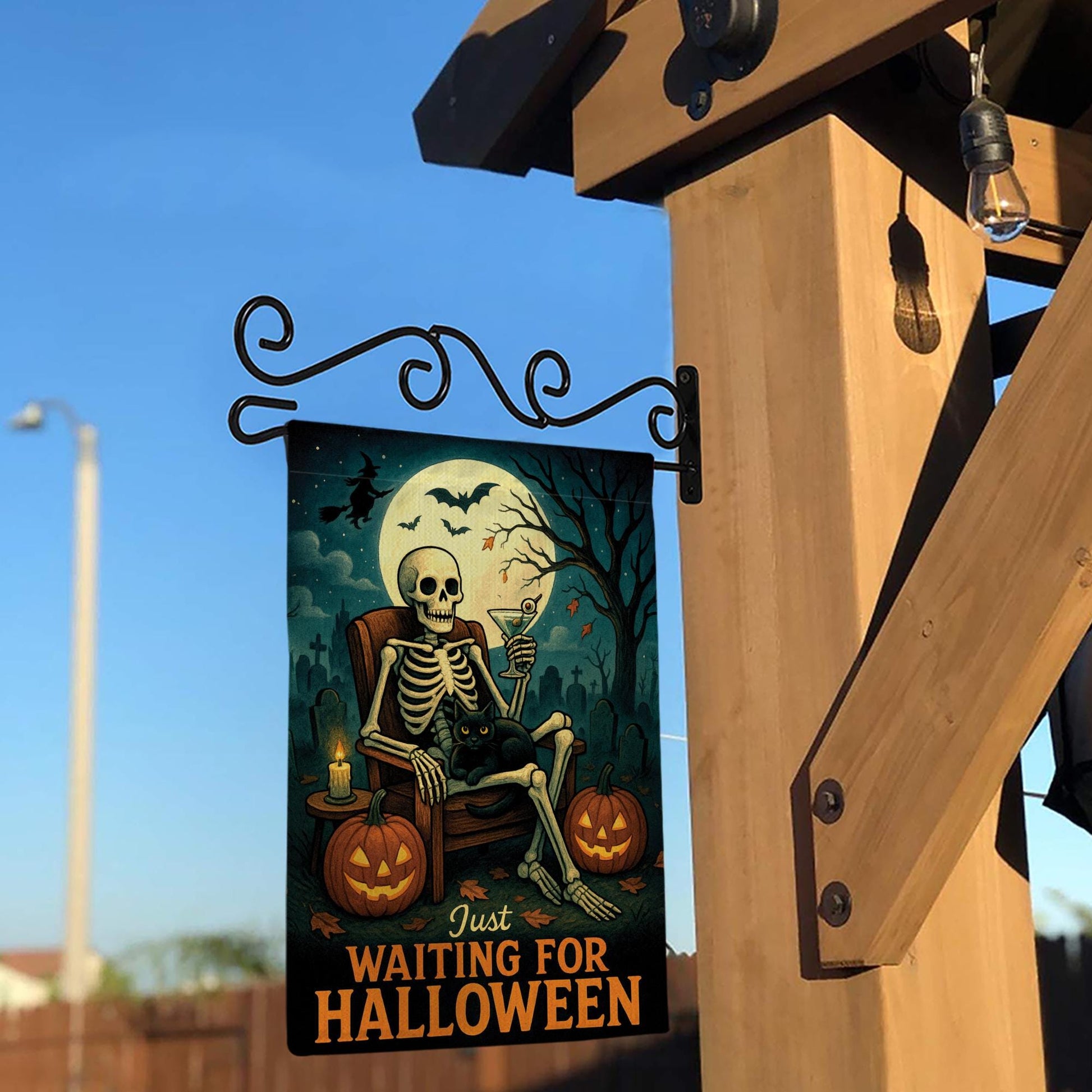 Just Waiting for Halloween Flag, Skeleton Garden Decor, Spooky Outdoor Yard Sign, Black Cat Pumpkin Flag, Funny Fall Porch Decor